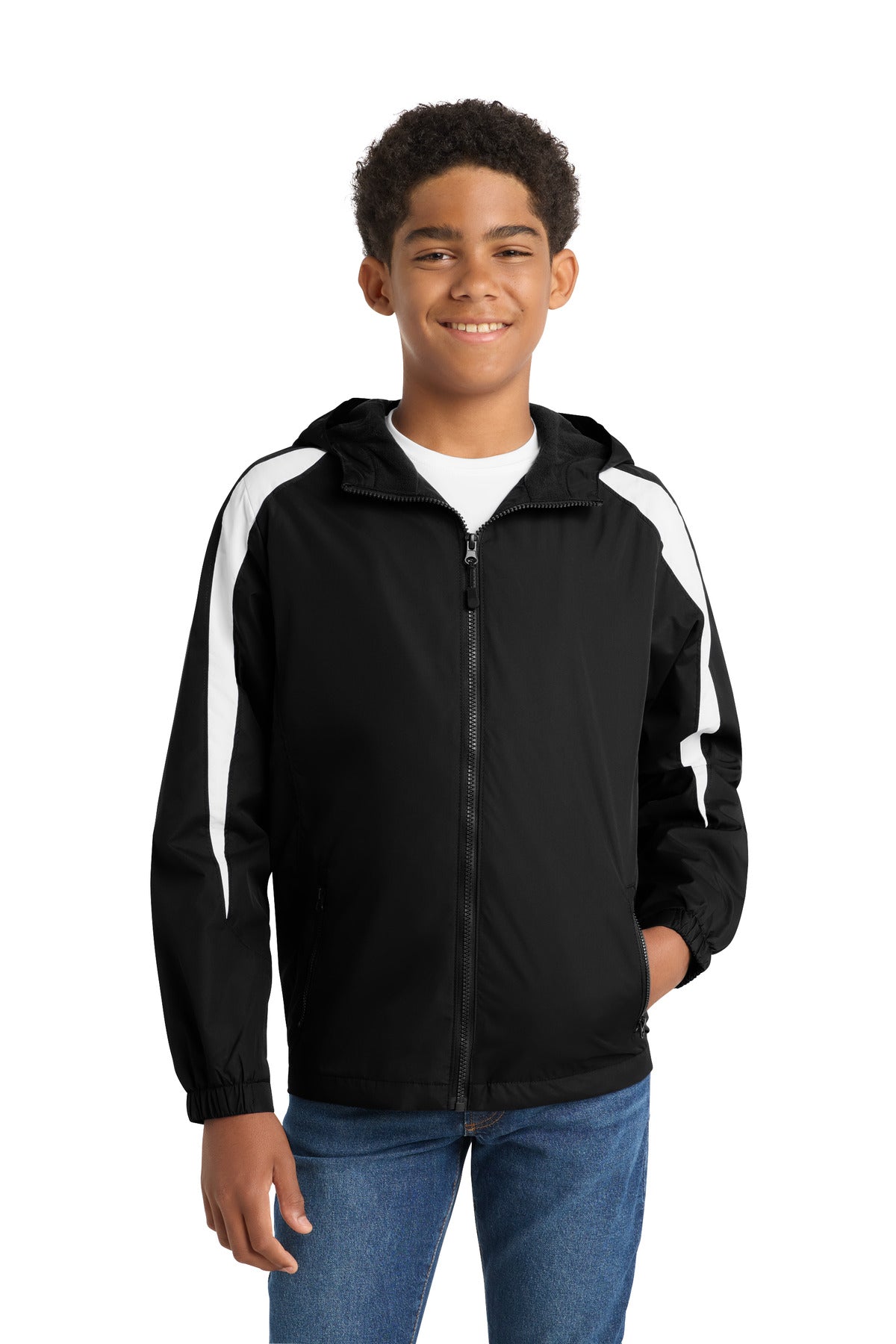 Front View of Black/White Sport-Tek Youth Fleece-Lined Colorblock Jacket. YST81 plain