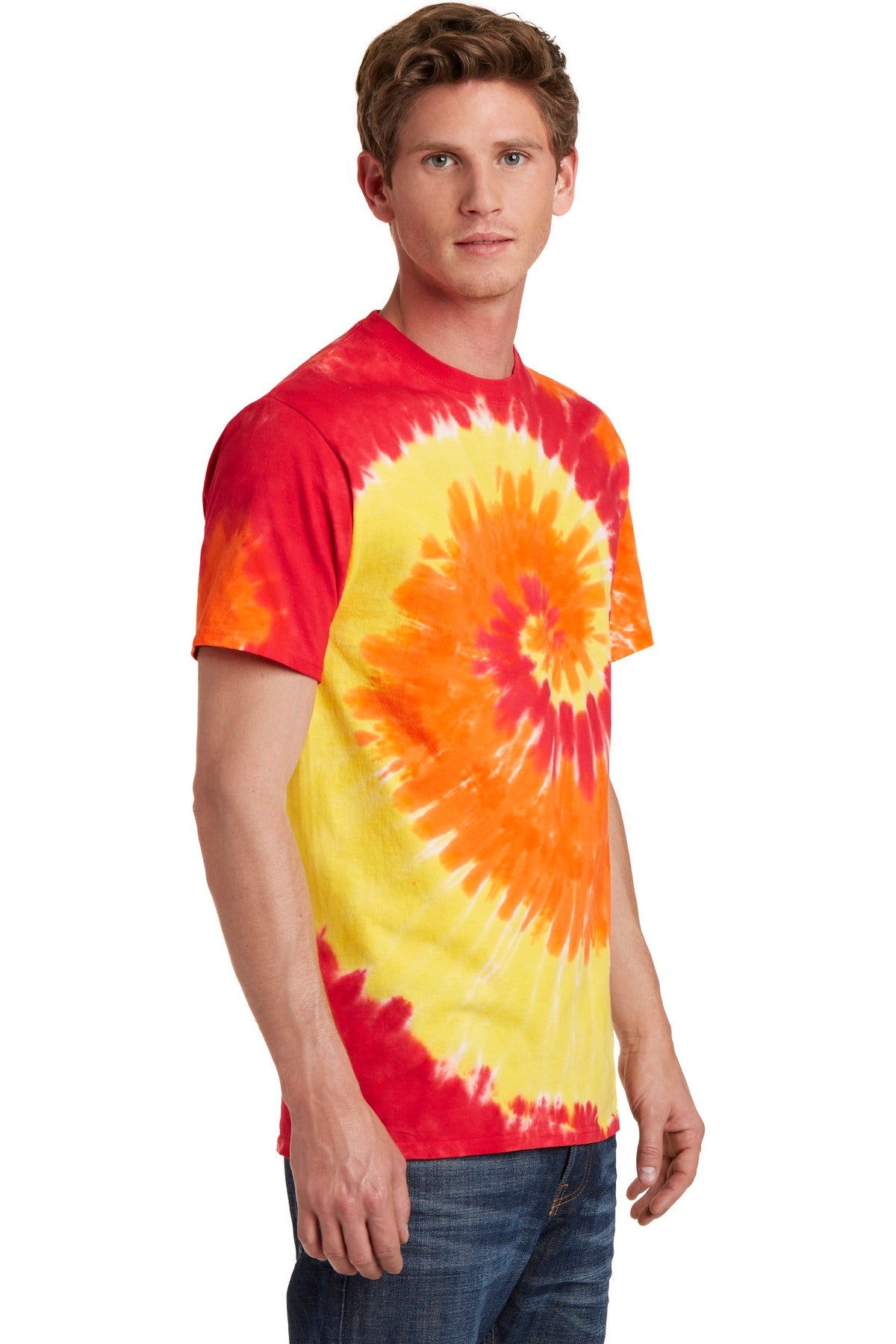 Front View of Blaze Rainbow Port & Co Tie-Dye Tee. PC147 plain