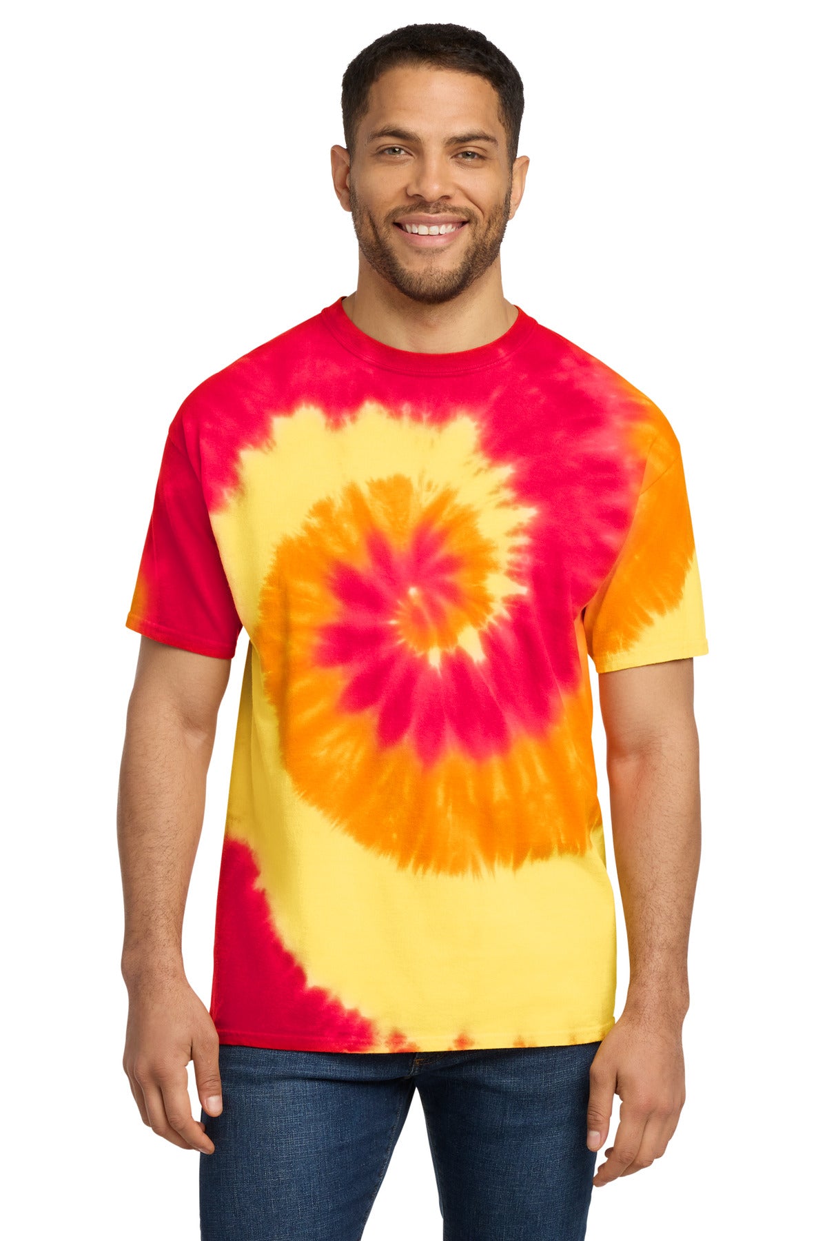 Front View of Blaze Rainbow Port & Co Tie-Dye Tee. PC147 plain