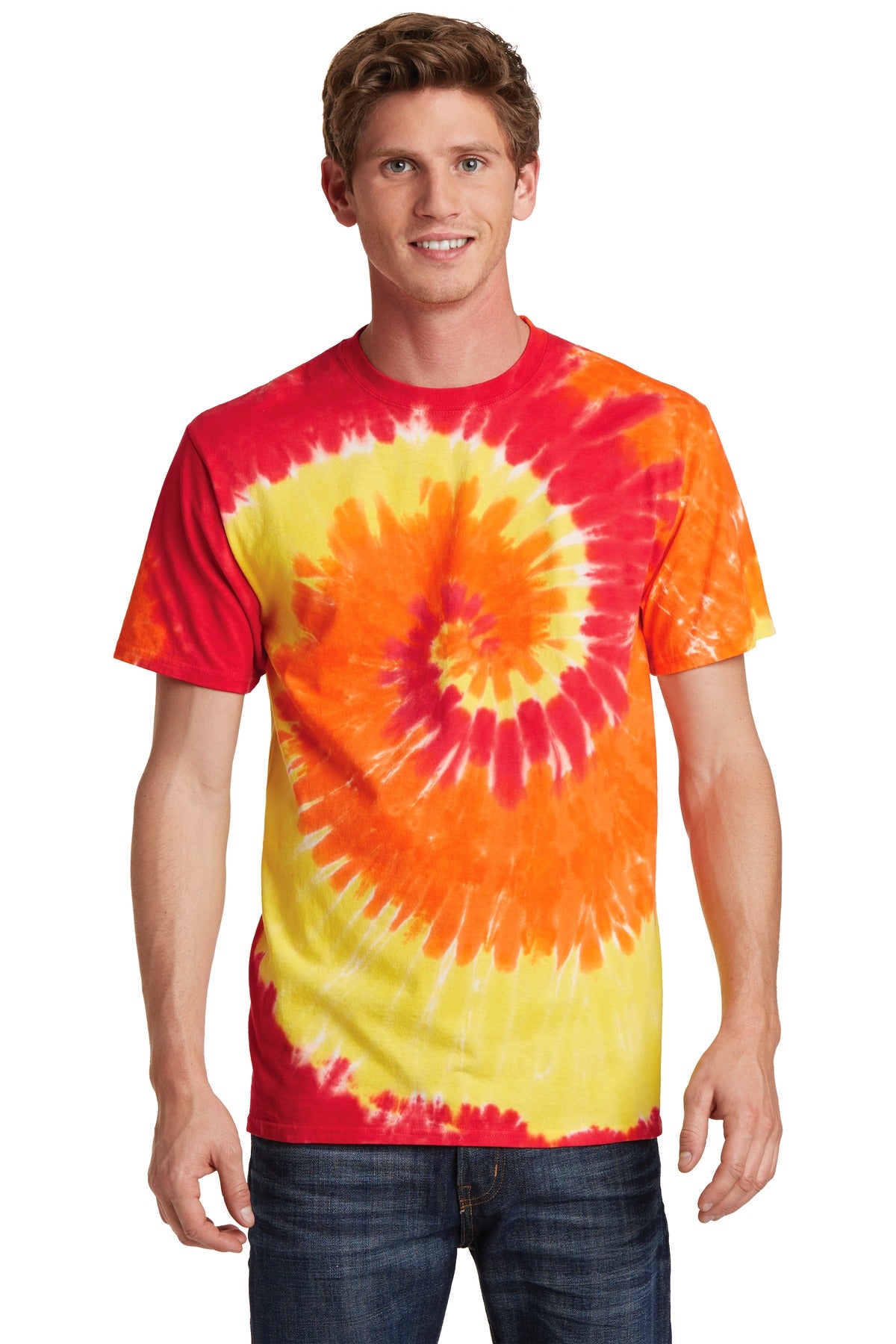 Front View of Blaze Rainbow Port & Co Tie-Dye Tee. PC147 plain