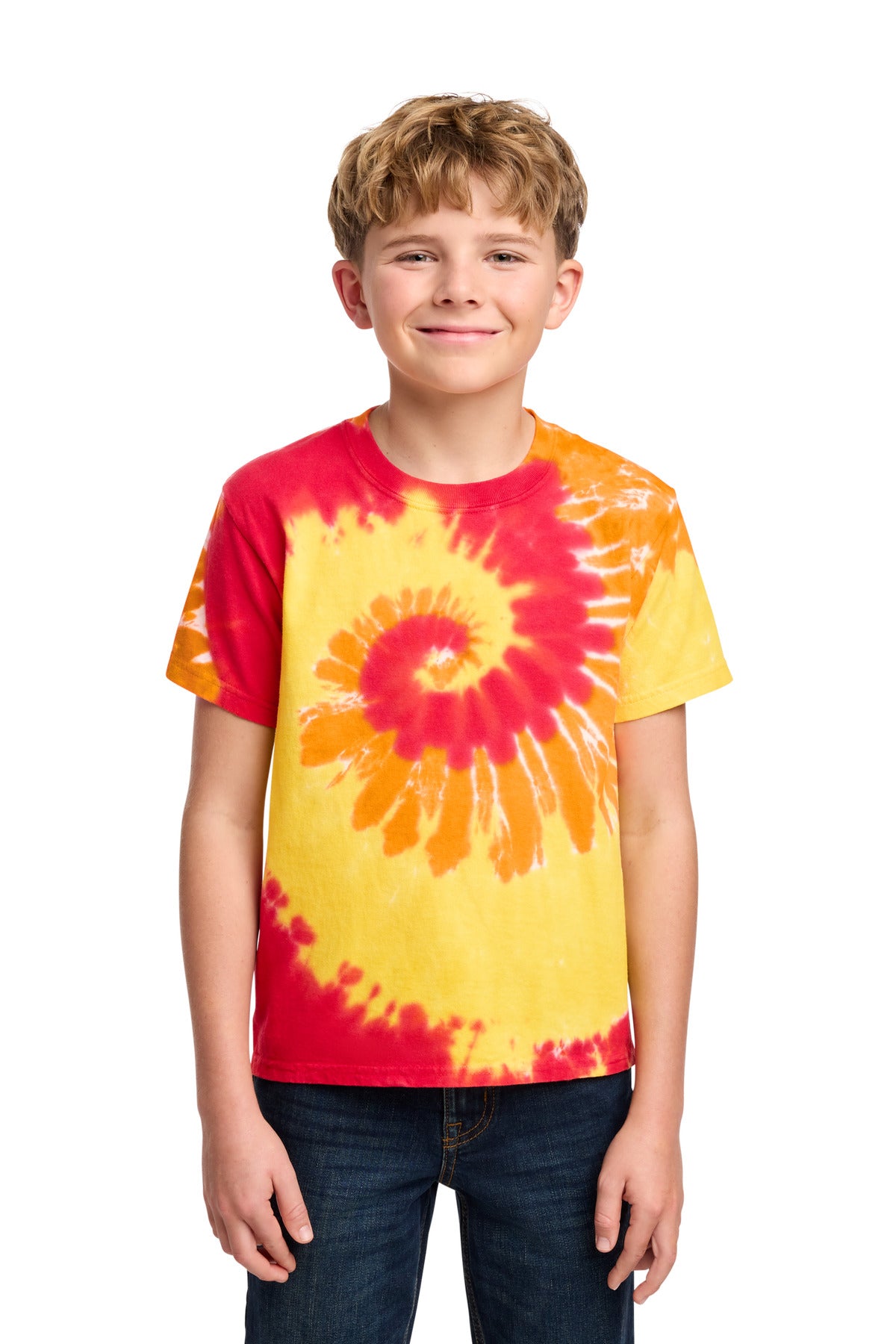 Front View of Blaze Rainbow Port & Co Youth Tie-Dye Tee. PC147Y plain