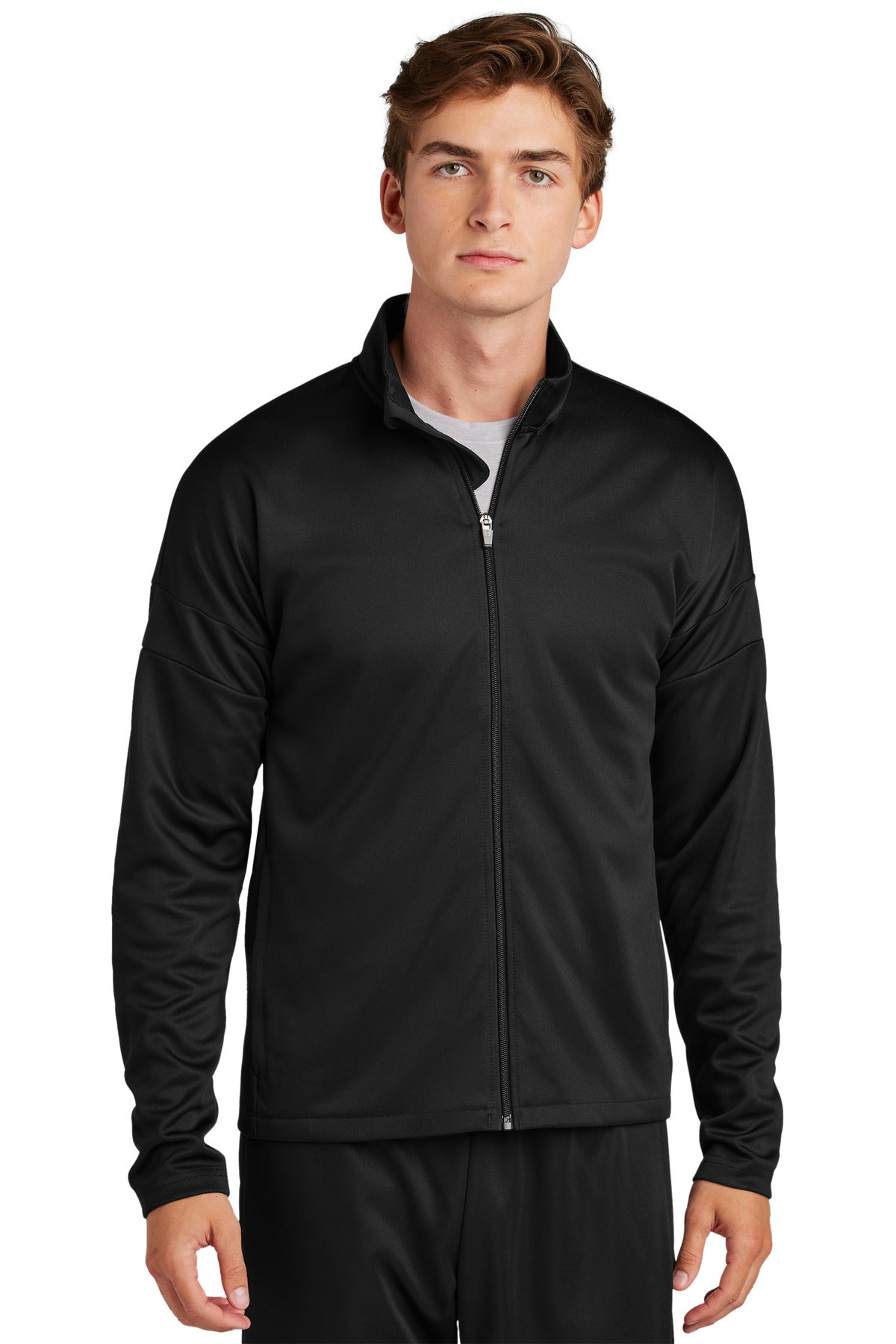 Front View of Blk/Blk Sport-Tek Travel Full-Zip Jacket ST800 plain