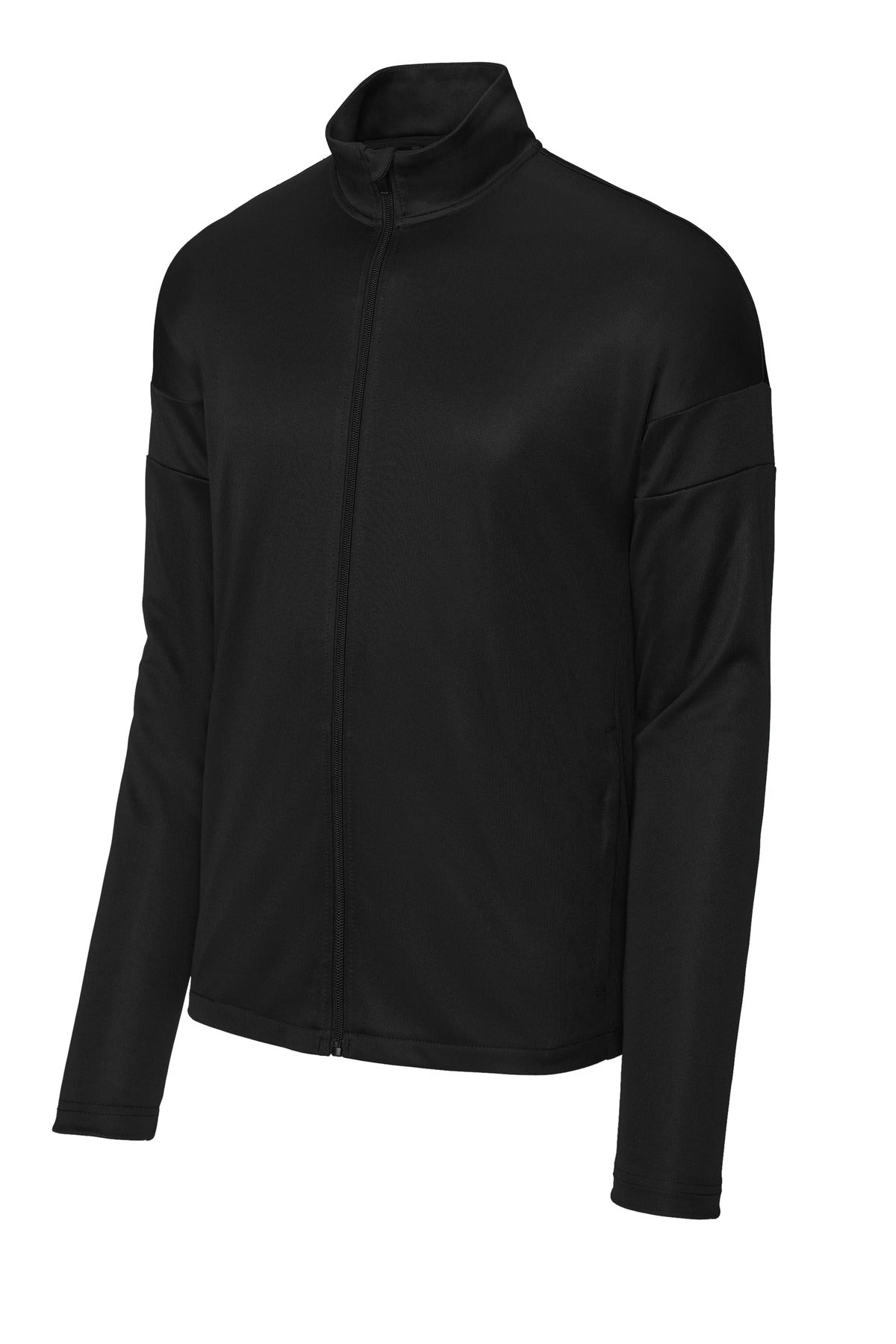 Front View of Blk/Blk Sport-Tek Travel Full-Zip Jacket ST800 plain