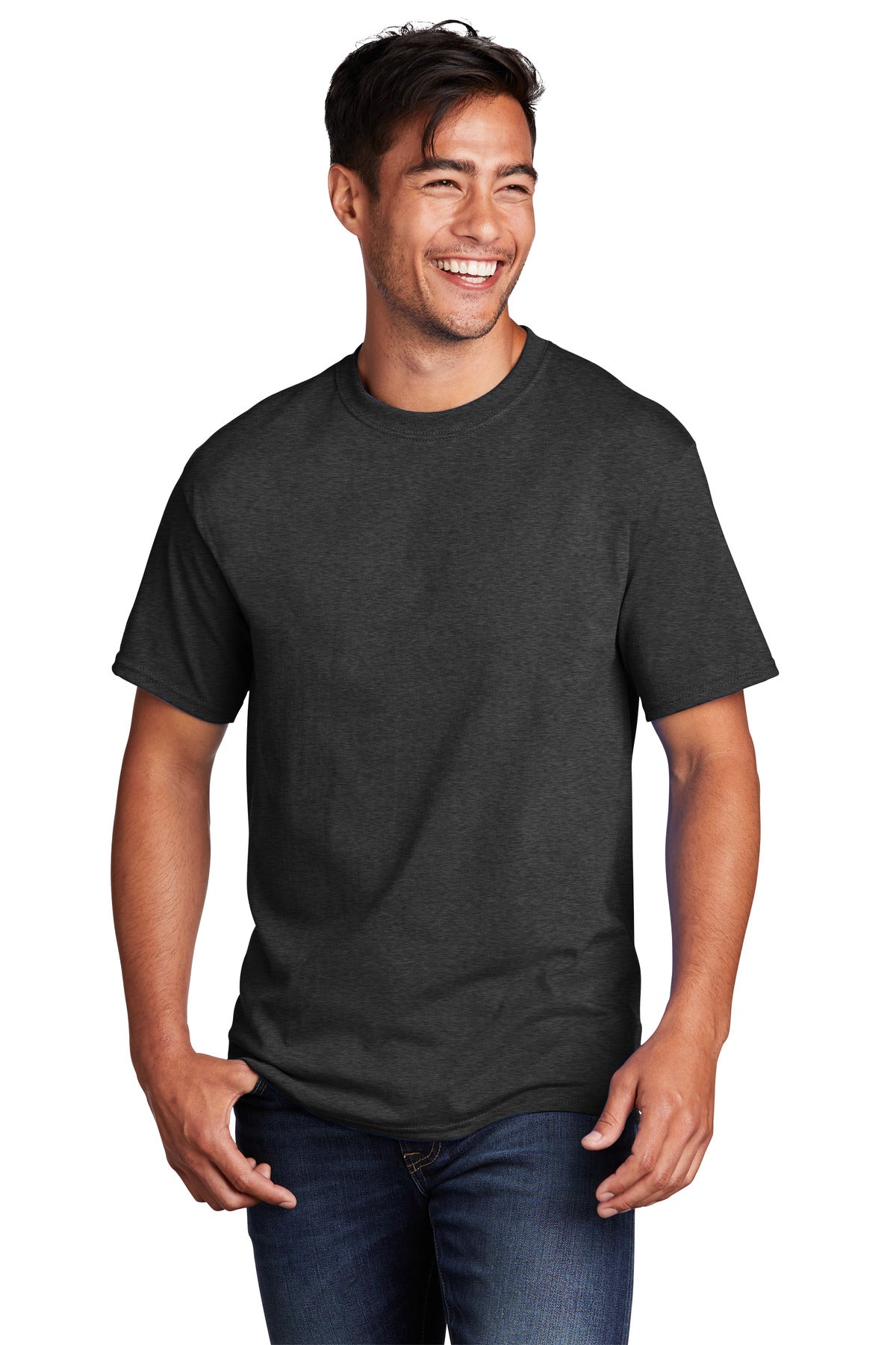 Front View of BlkHthr Port & Co Core Cotton Tee. PC54 plain