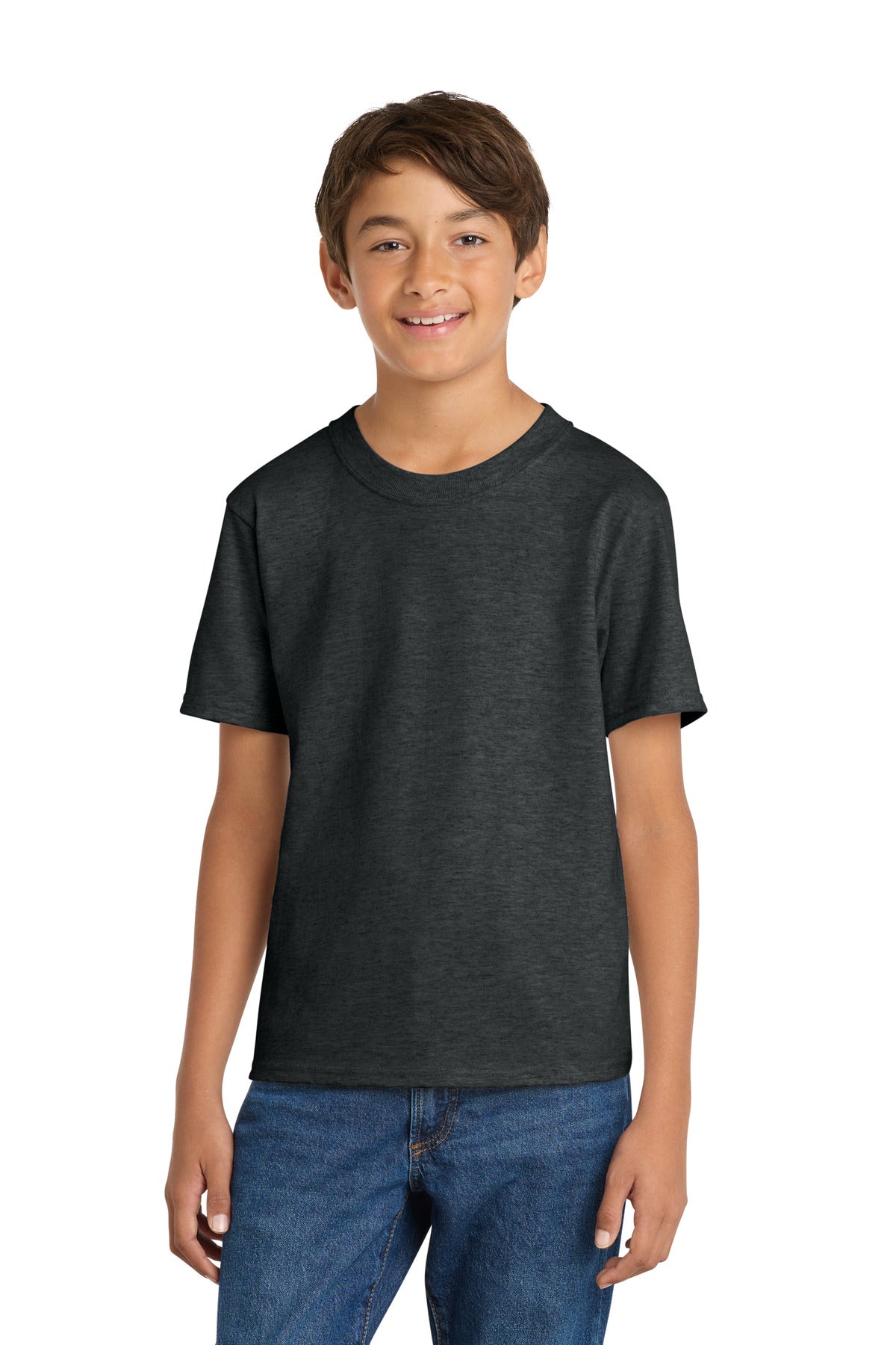 Front View of BlkHthr Port & Co Youth Core Cotton Tee. PC54Y plain