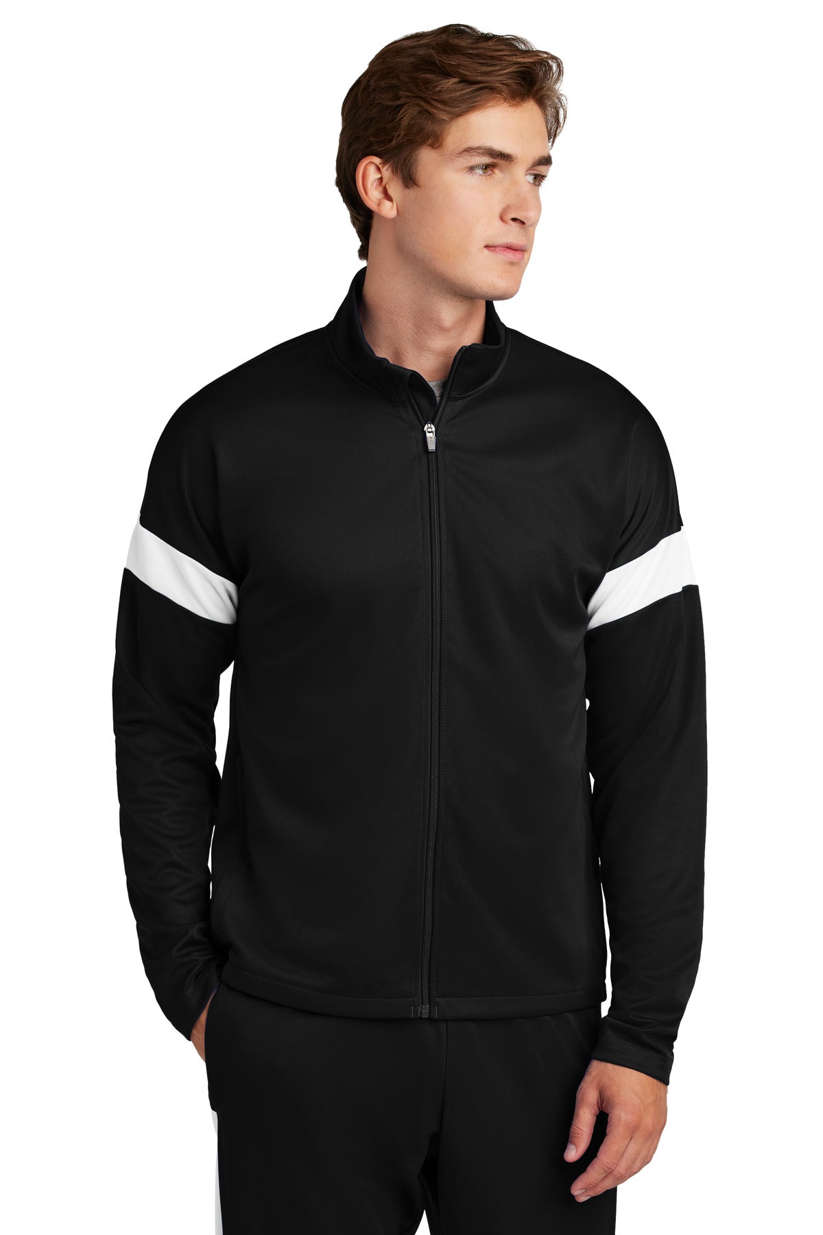 Front View of Blk/White Sport-Tek Travel Full-Zip Jacket ST800 plain