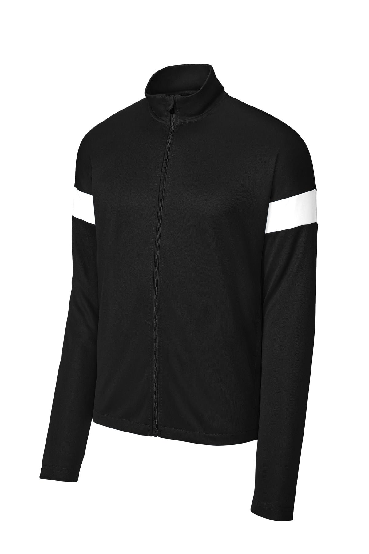 Front View of Blk/White Sport-Tek Travel Full-Zip Jacket ST800 plain