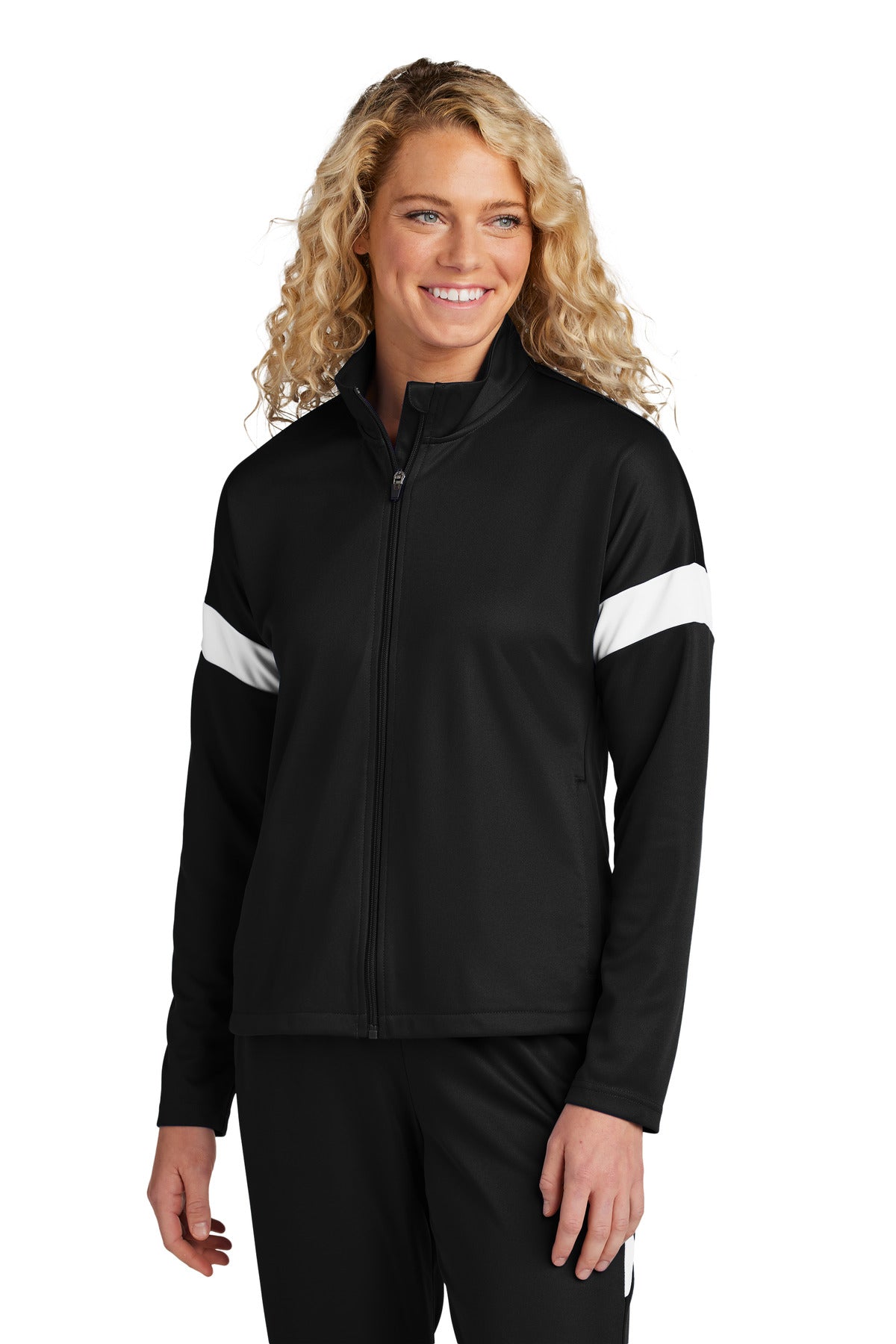 Front View of Blk/White Sport-Tek Women's Travel Full-Zip Jacket LST800 plain