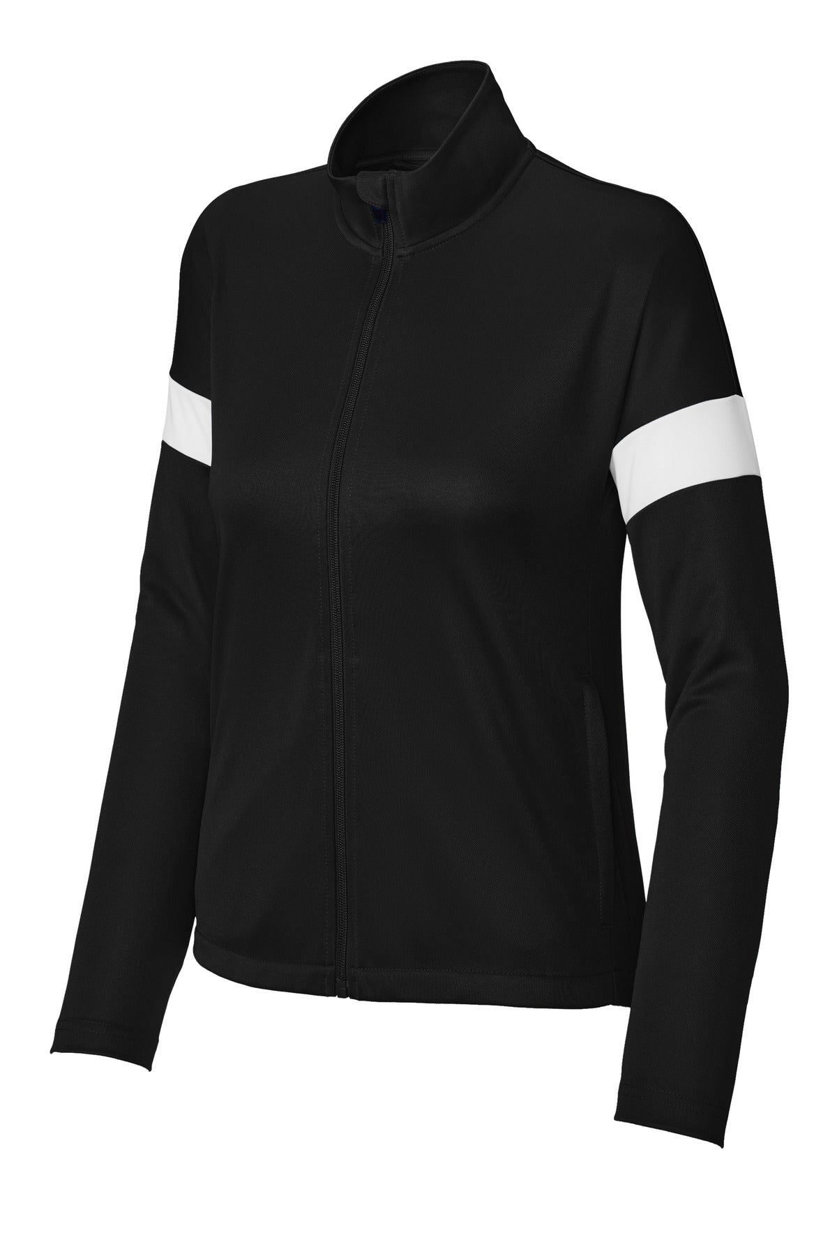 Front View of Blk/White Sport-Tek Women's Travel Full-Zip Jacket LST800 plain