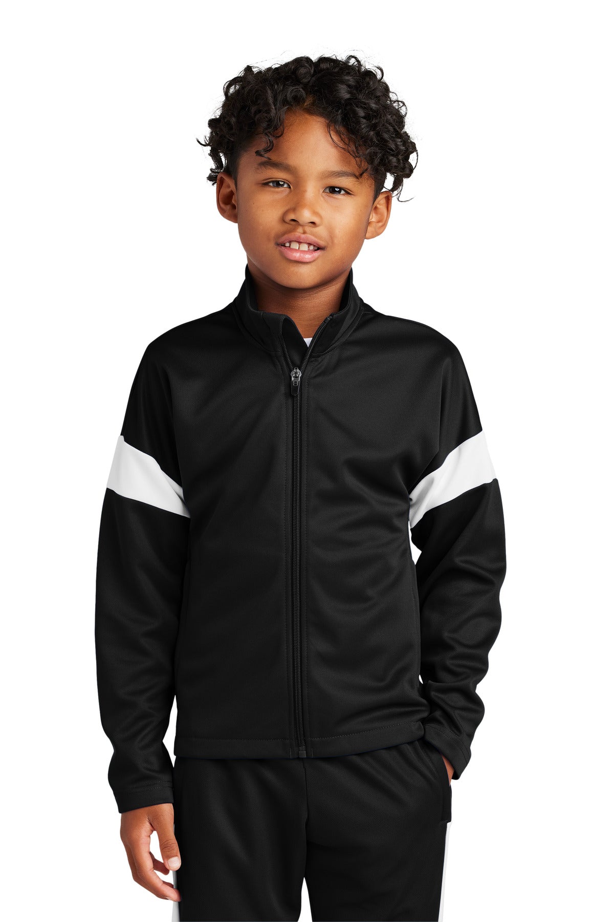Front View of Blk/White Sport-Tek Youth Travel Full-Zip Jacket YST800 plain
