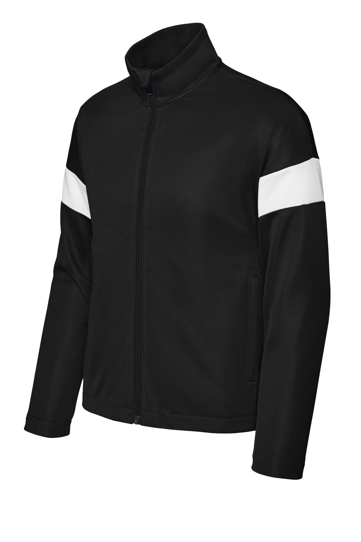 Front View of Blk/White Sport-Tek Youth Travel Full-Zip Jacket YST800 plain