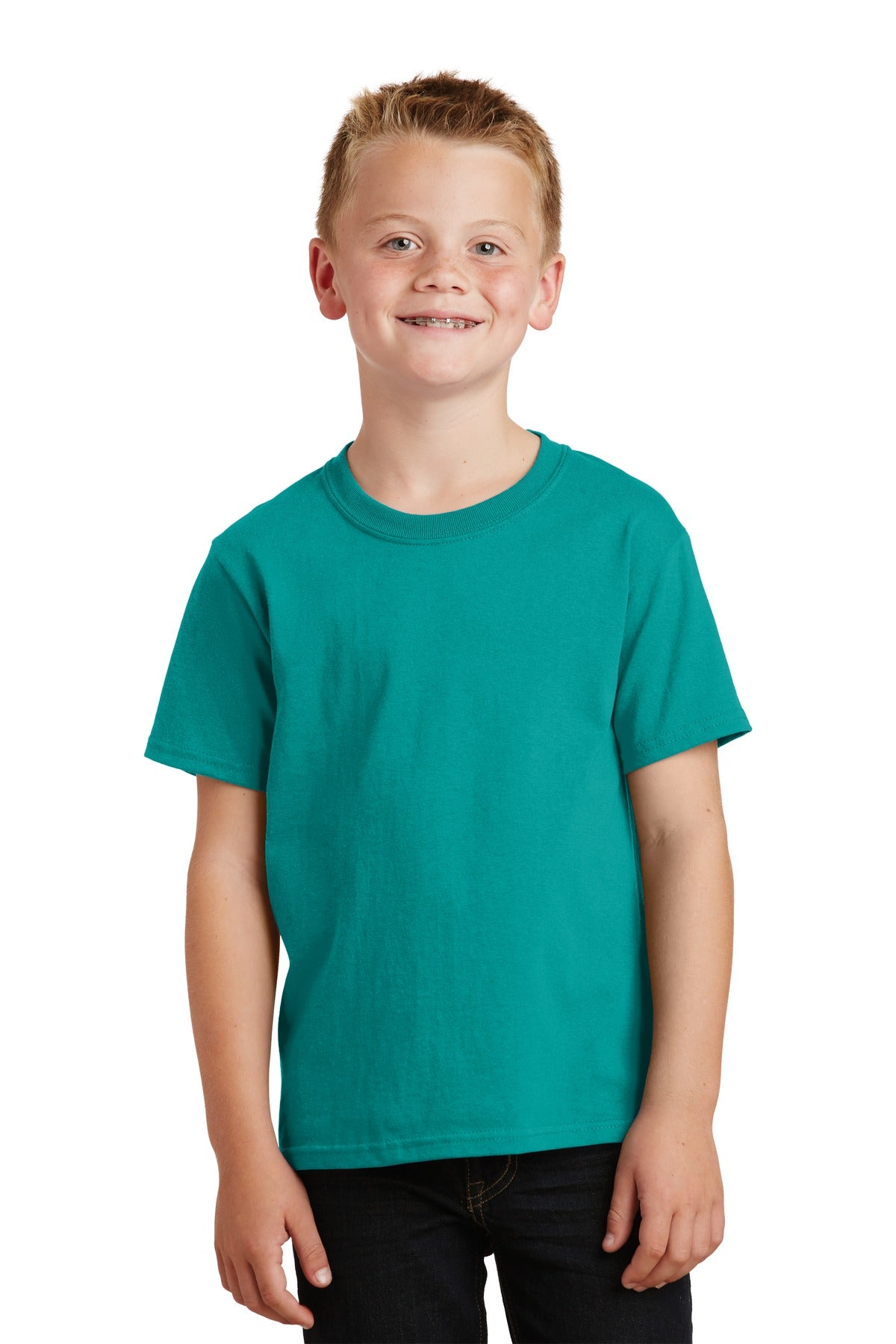 Front View of Bright Aqua Port & Co Youth Core Cotton Tee. PC54Y plain