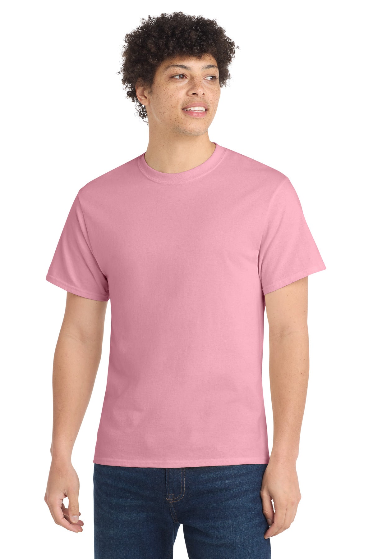 Front View of Candy Pink Port & Co Core Cotton Tee. PC54 plain