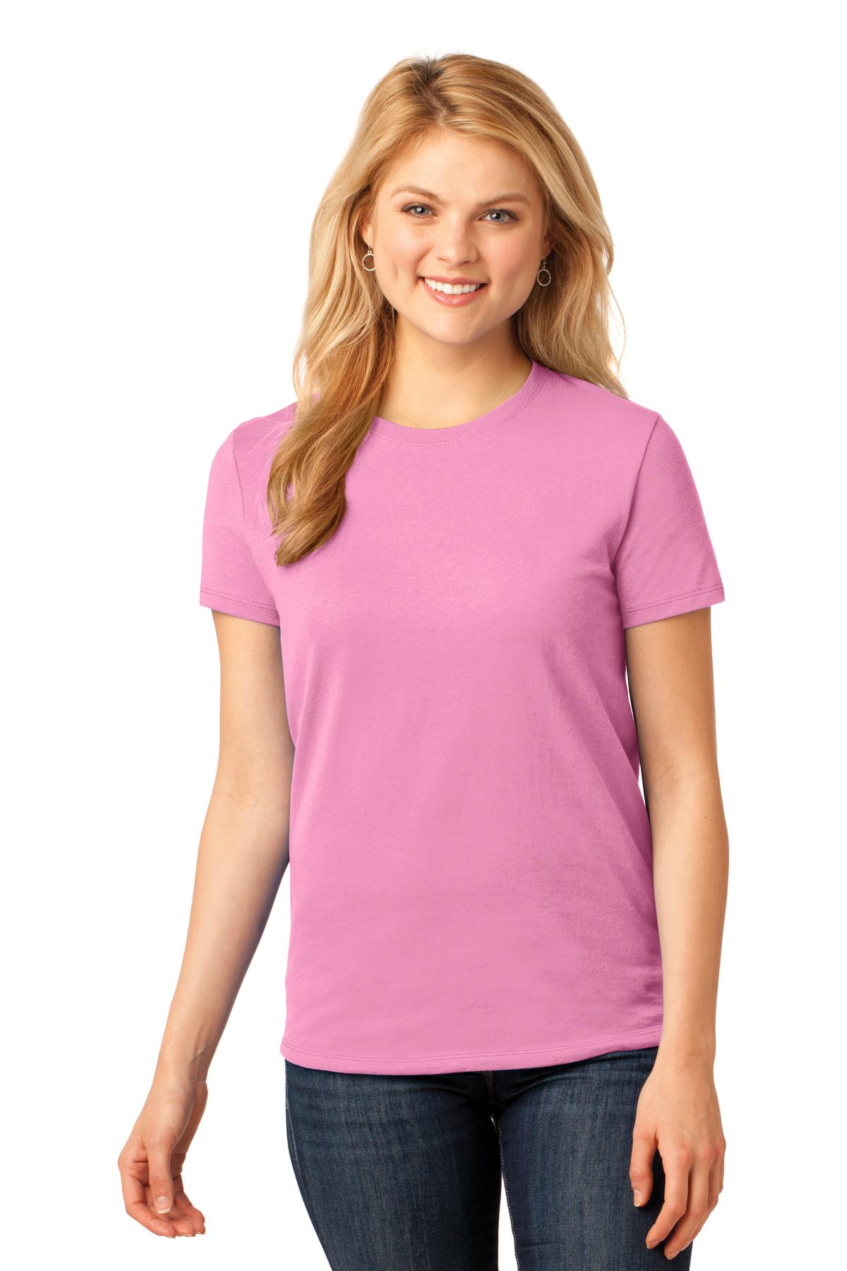 Front View of Candy Pink Port & Co Women's Core Cotton Tee. LPC54 plain