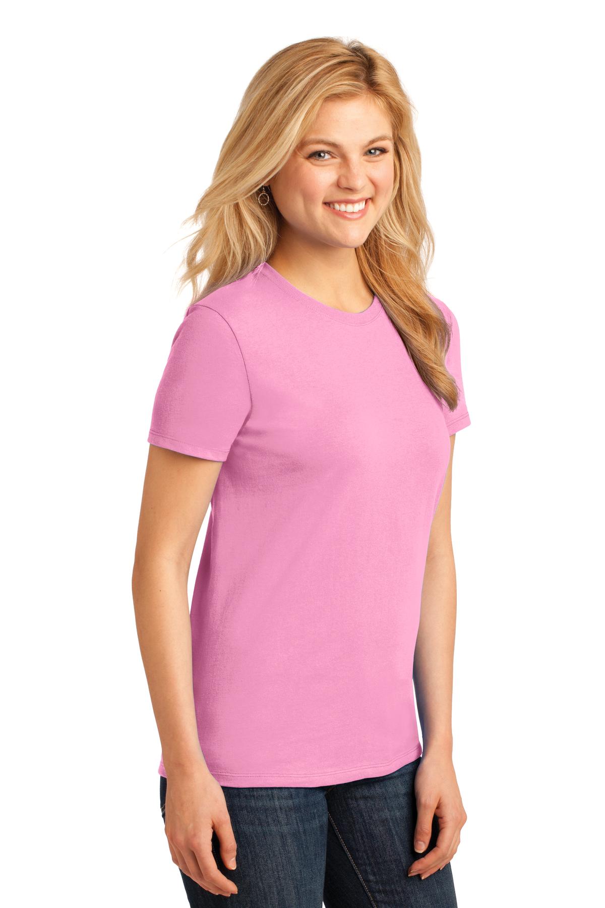 Front View of Candy Pink Port & Co Women's Core Cotton Tee. LPC54 plain
