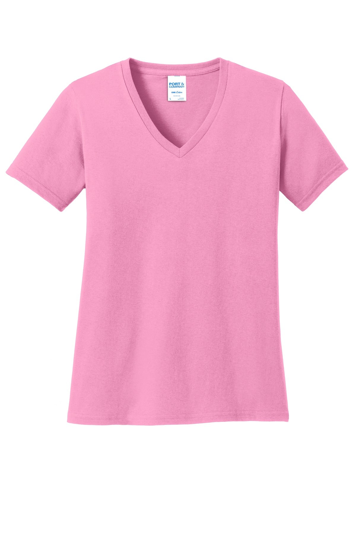 Front View of Candy Pink Port & Co Women's Core Cotton V-Neck Tee. LPC54V plain