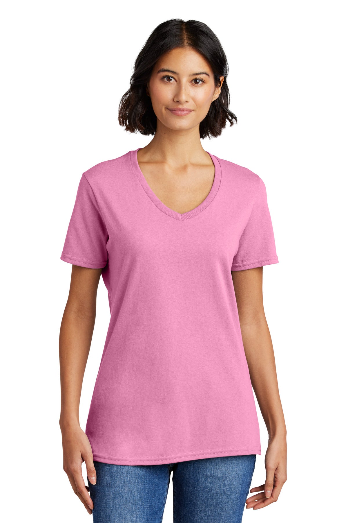 Front View of Candy Pink Port & Co Women's Core Cotton V-Neck Tee. LPC54V plain