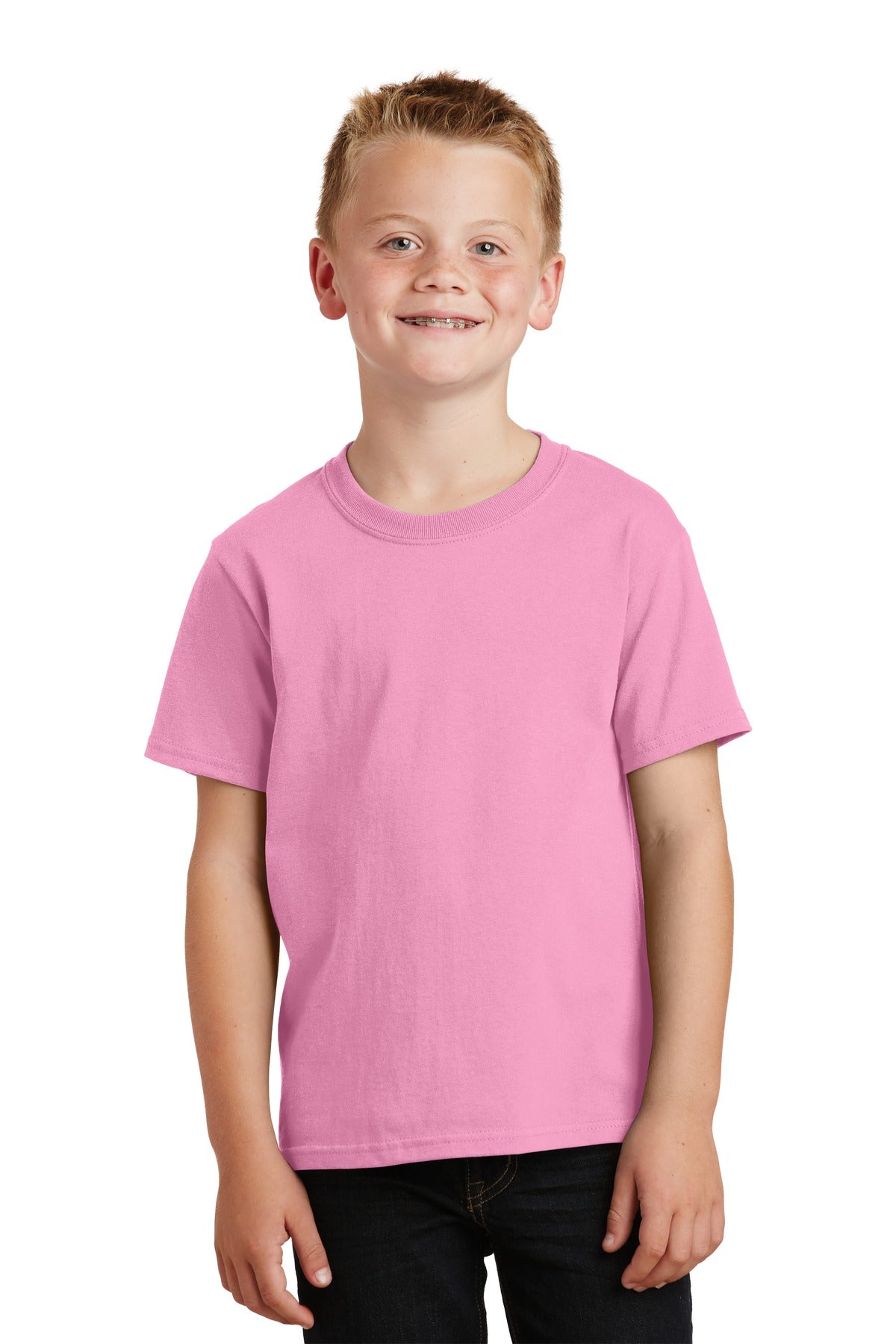 Front View of Candy Pink Port & Co Youth Core Cotton Tee. PC54Y plain
