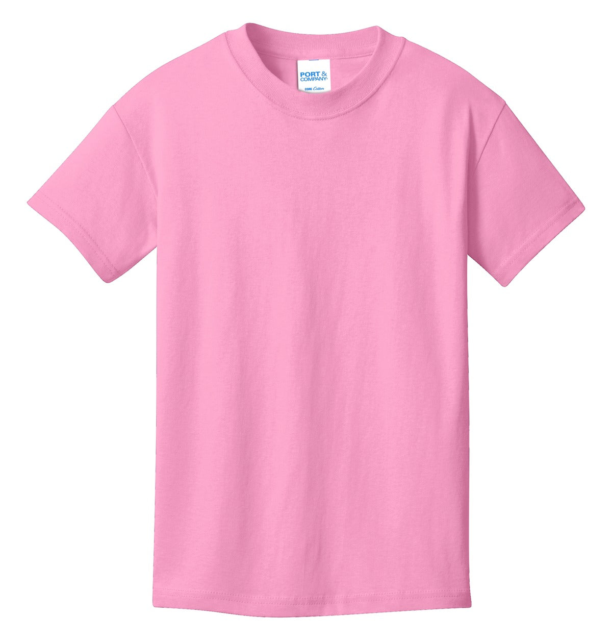 Front View of Candy Pink Port & Co Youth Core Cotton Tee. PC54Y plain