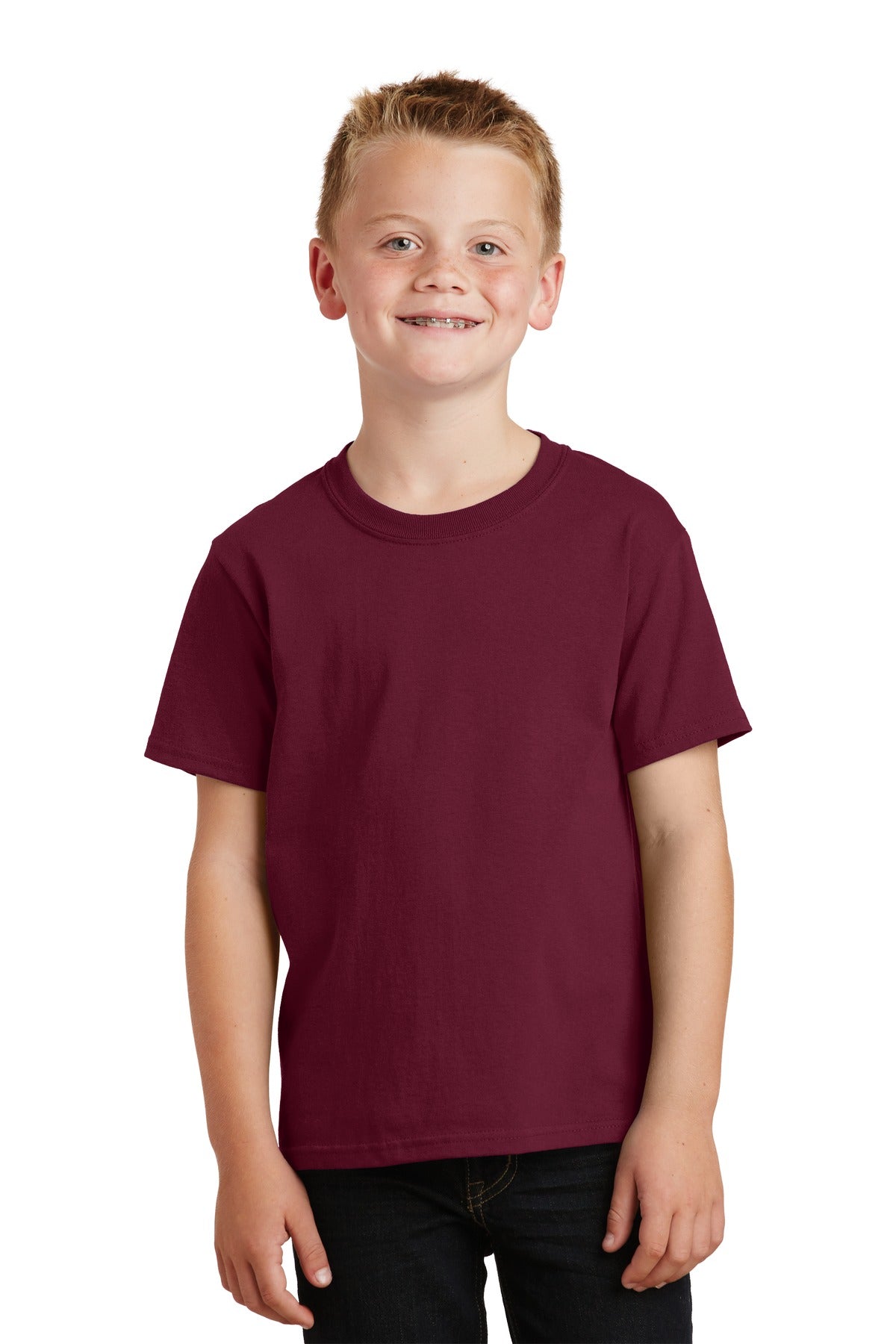 Front View of Cardinal Port & Co Youth Core Cotton Tee. PC54Y plain