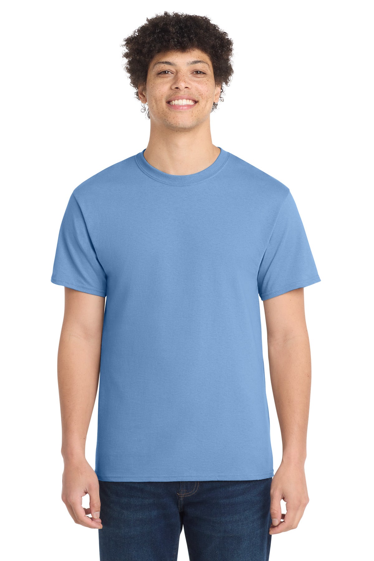 Front View of Carolina Blue Port & Co Core Cotton Tee. PC54 plain
