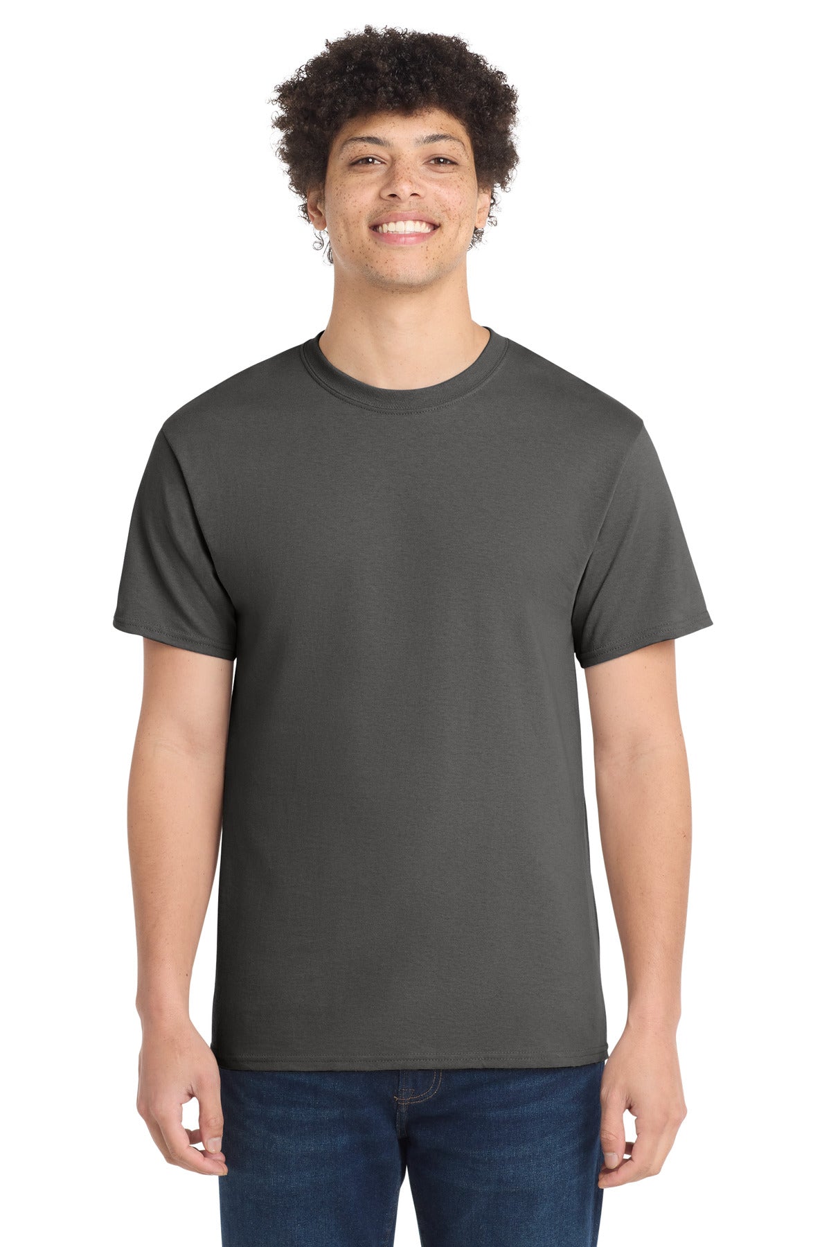 Front View of Charcoal Port & Co Core Cotton Tee. PC54 plain