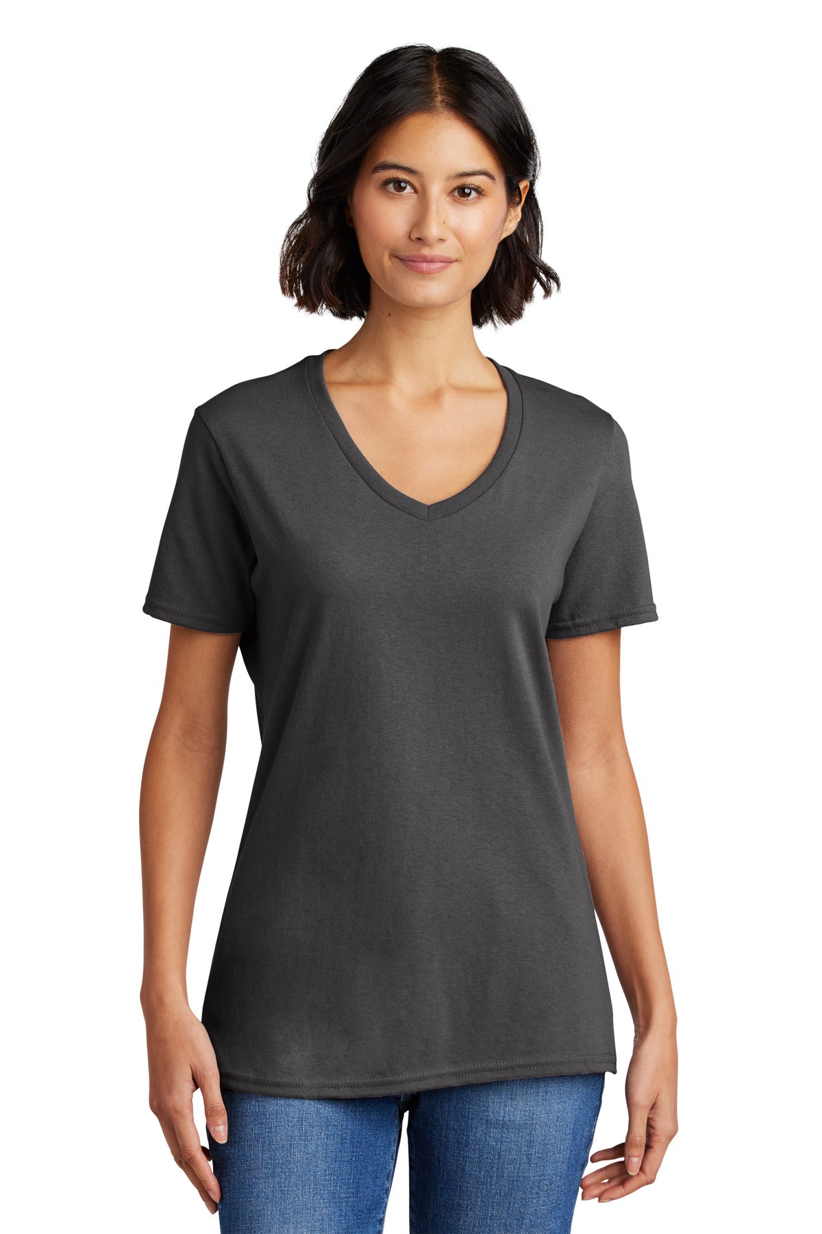 Front View of Charcoal Port & Co Women's Core Cotton V-Neck Tee. LPC54V plain