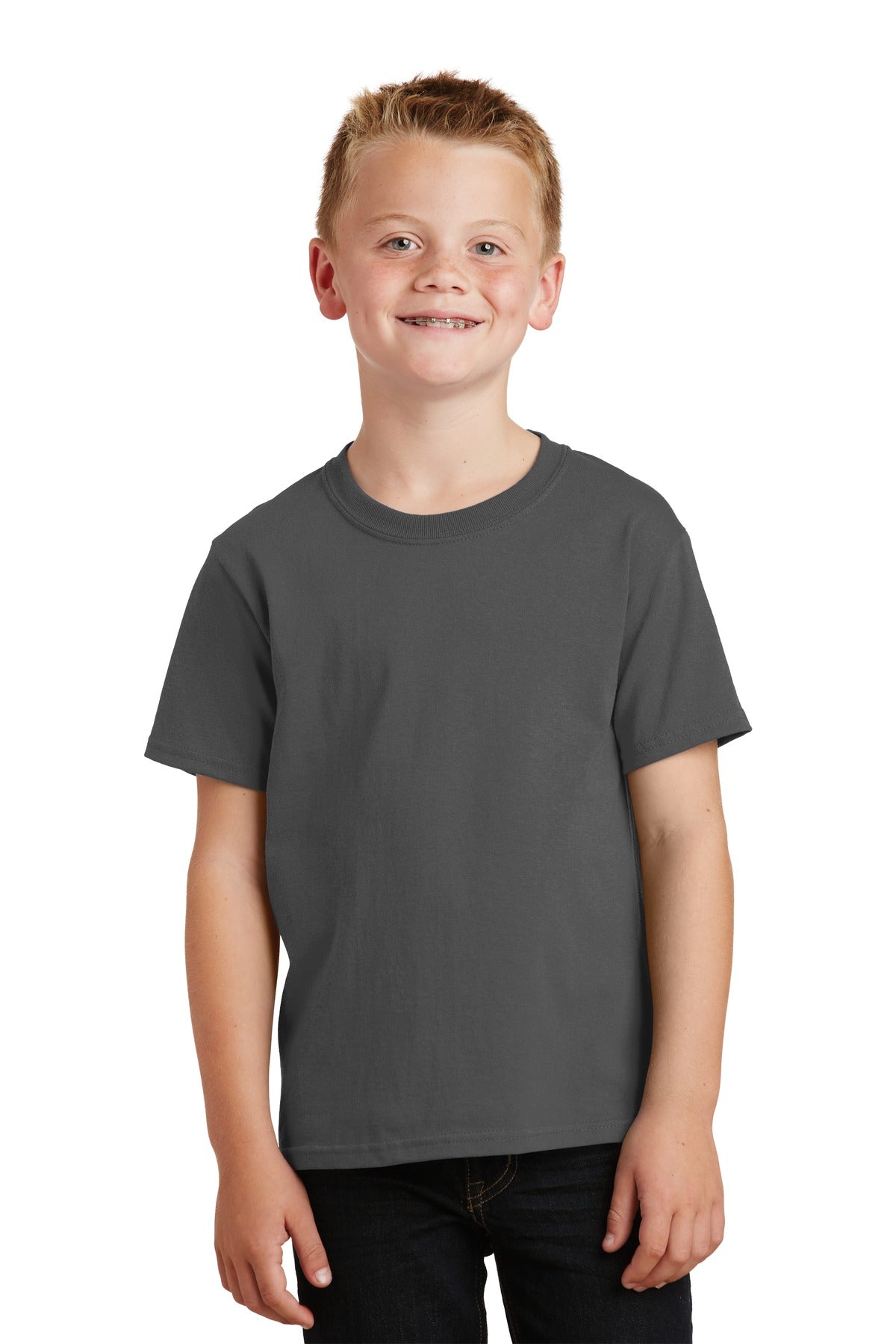 Front View of Charcoal Port & Co Youth Core Cotton Tee. PC54Y plain