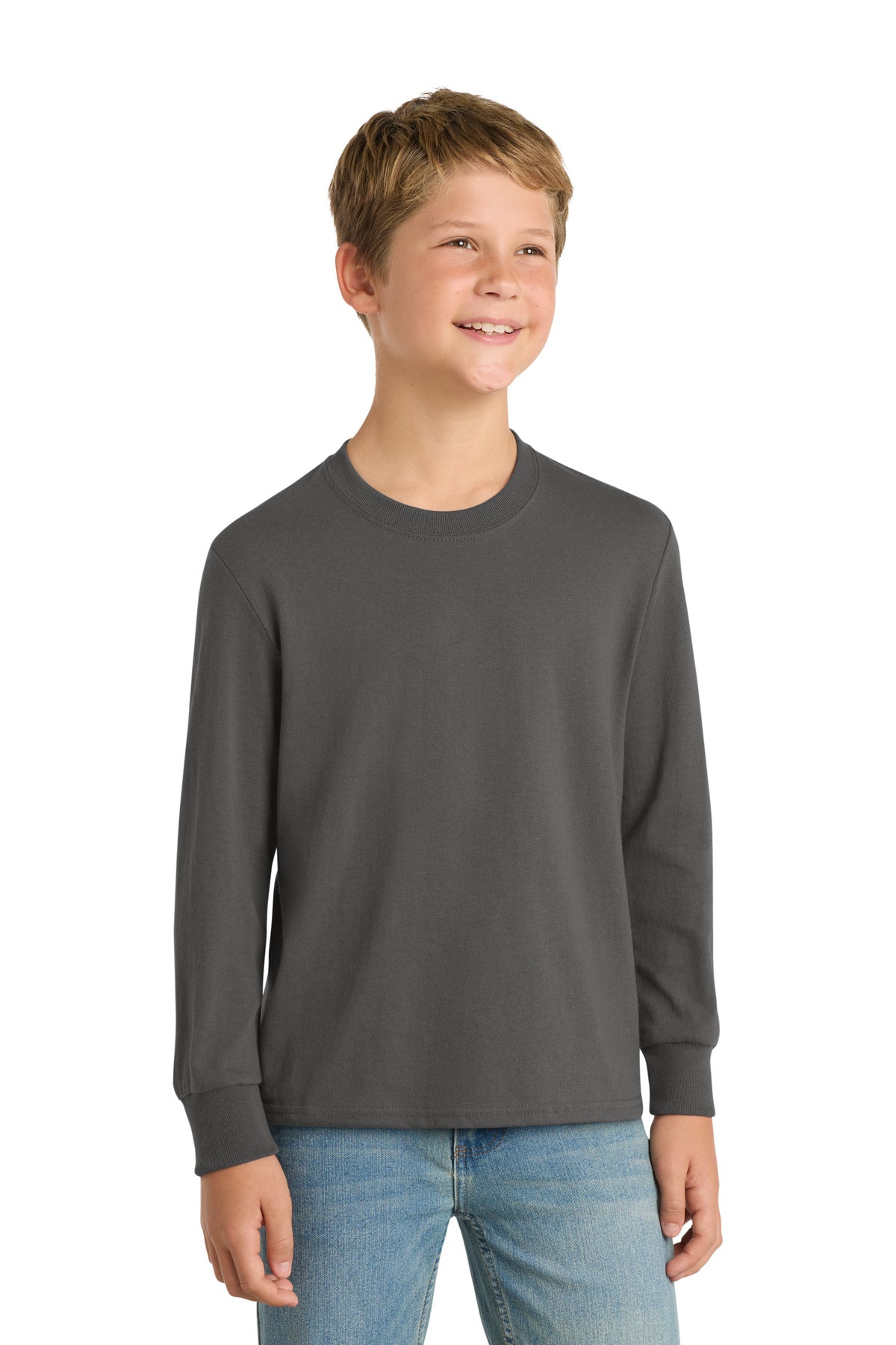 Front View of Charcoal Port & Co Youth Long Sleeve Core Cotton Tee. PC54YLS plain
