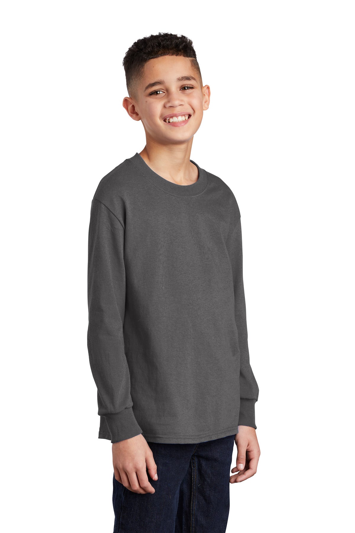 Front View of Charcoal Port & Co Youth Long Sleeve Core Cotton Tee. PC54YLS plain