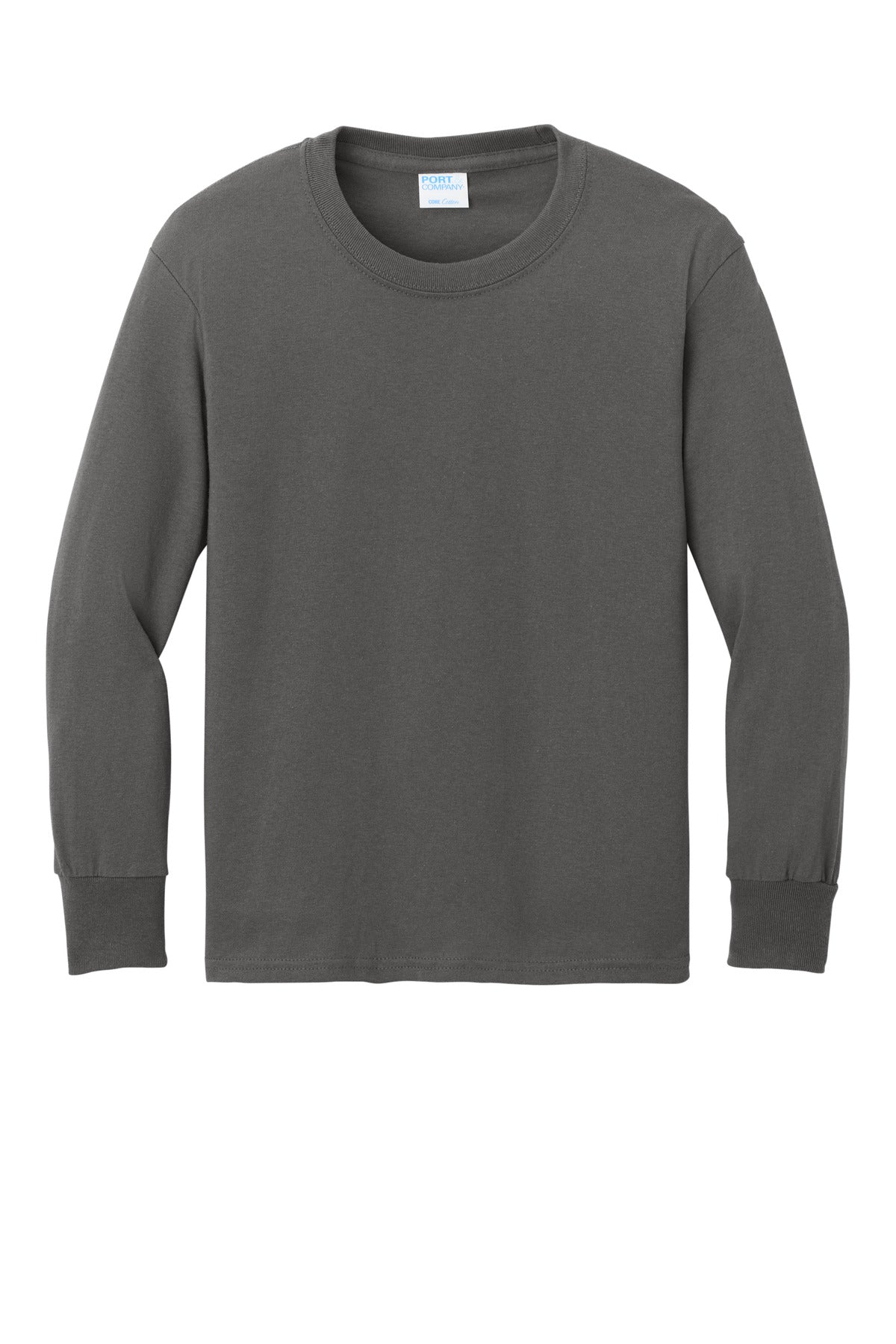 Front View of Charcoal Port & Co Youth Long Sleeve Core Cotton Tee. PC54YLS plain