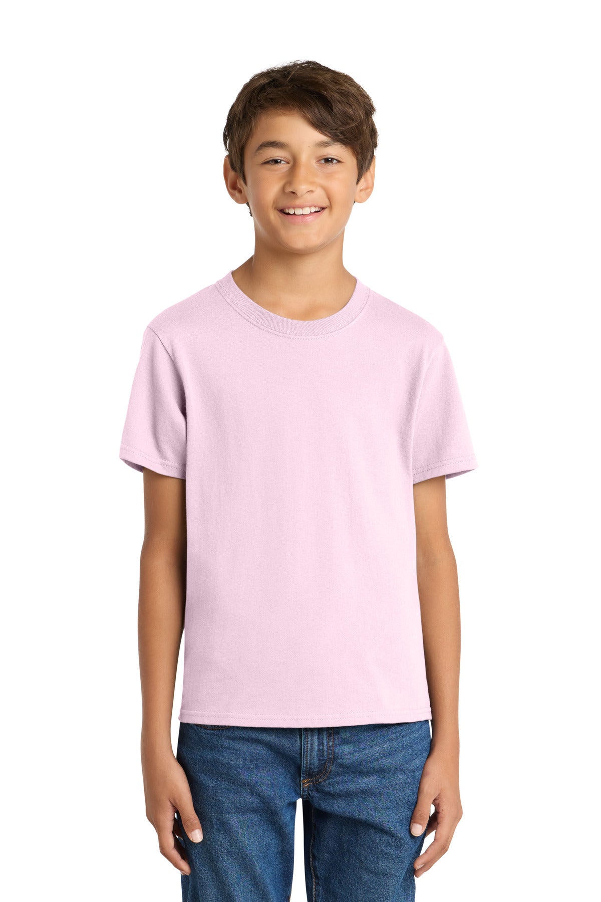 Front View of ChryBlsm Port & Co Youth Core Cotton Tee. PC54Y plain
