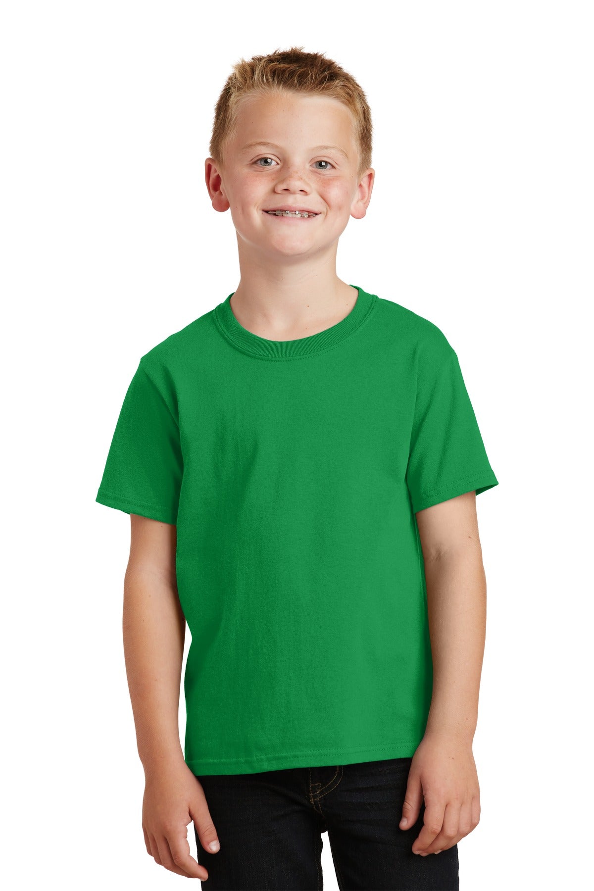 Front View of Clover Green Port & Co Youth Core Cotton Tee. PC54Y plain