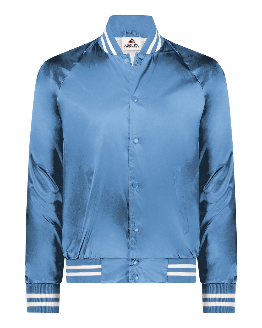 Front View of Columbia Blue/ White Satin Baseball Jacket Striped Trim - 3610 plain