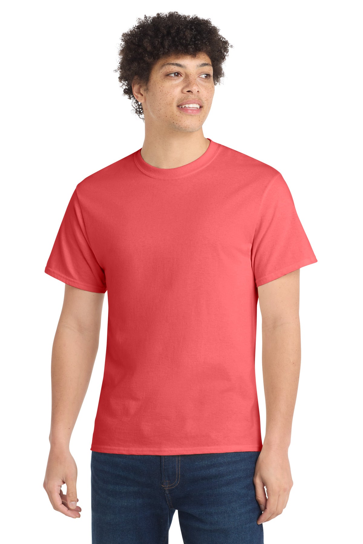 Front View of Coral Port & Co Core Cotton Tee. PC54 plain