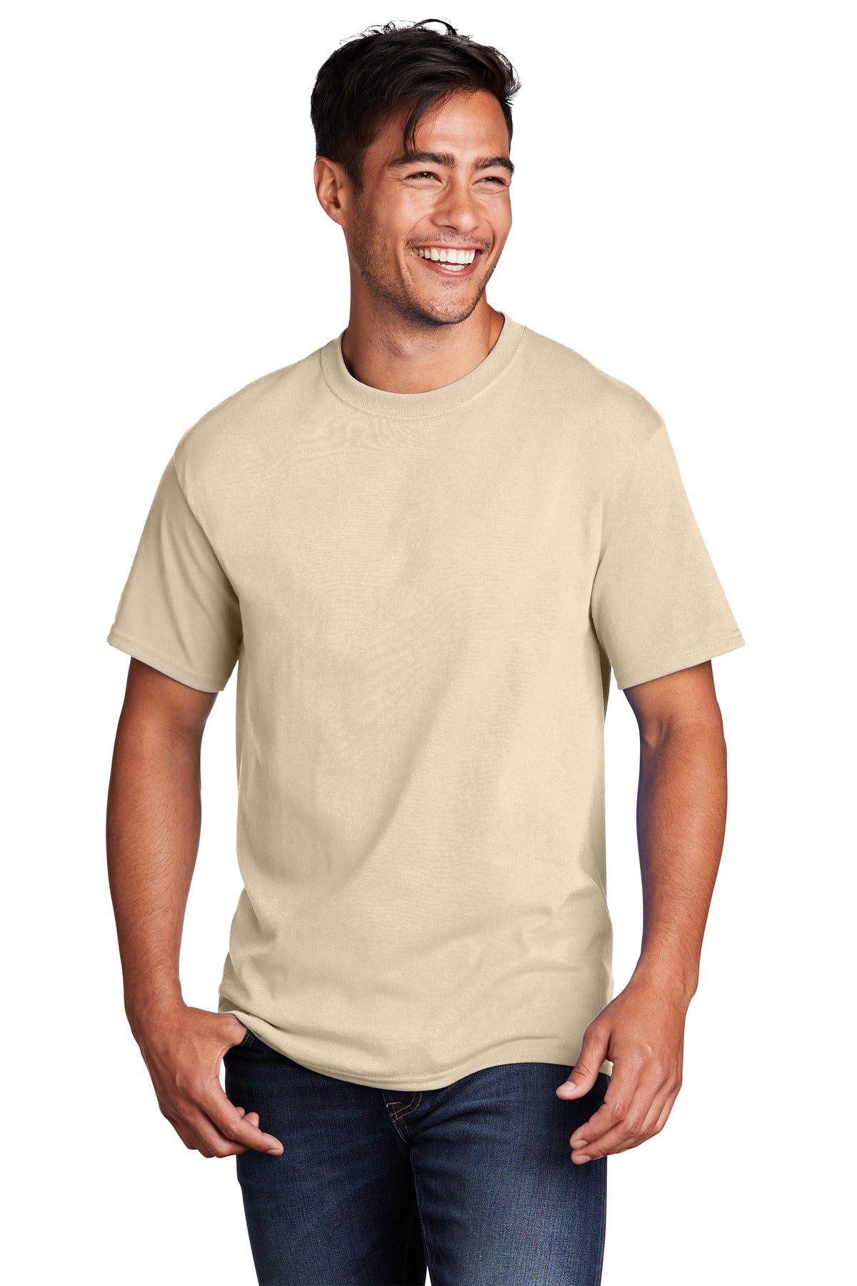 Front View of Creme Port & Co Core Cotton Tee. PC54 plain
