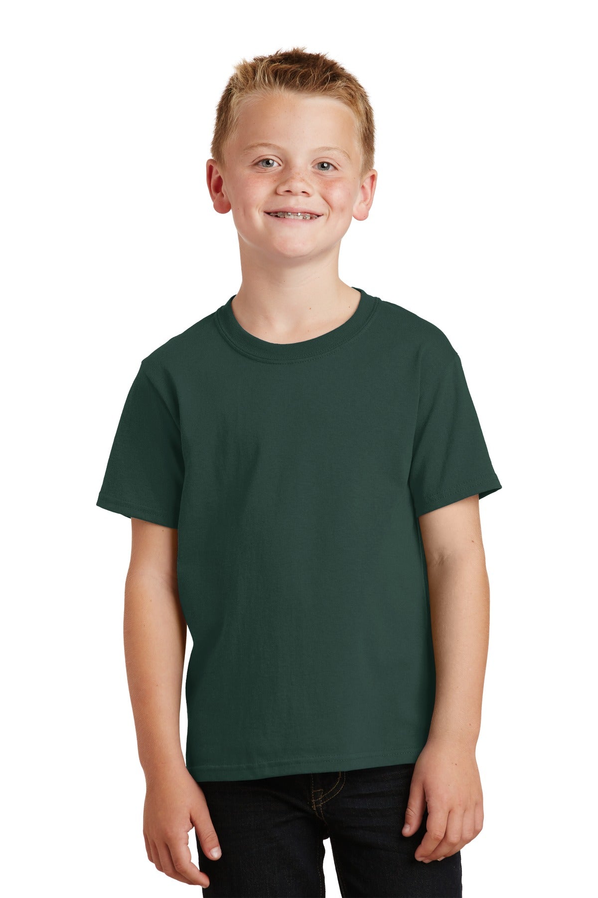 Front View of Dark Green Port & Co Youth Core Cotton Tee. PC54Y plain