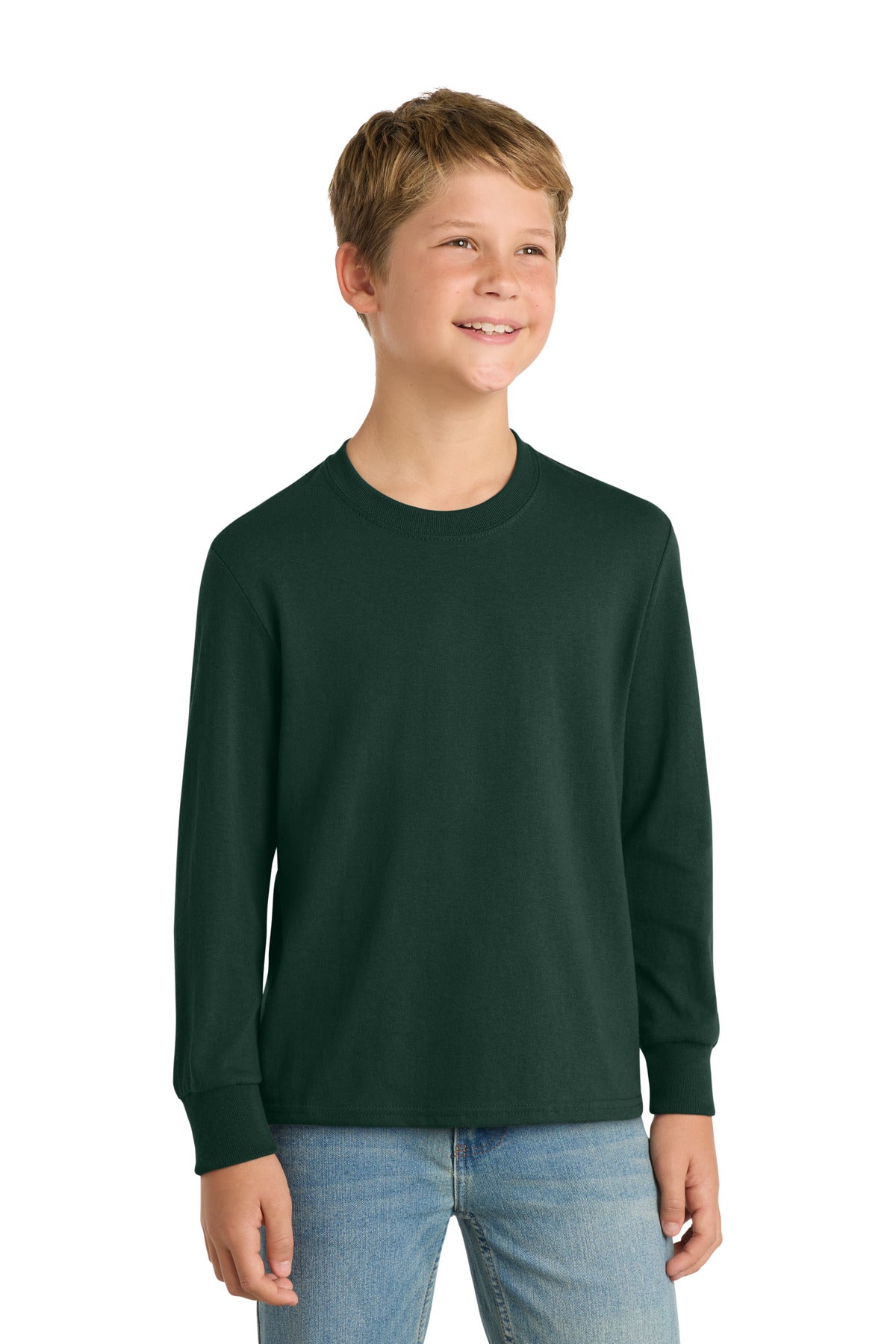 Front View of Dark Green Port & Co Youth Long Sleeve Core Cotton Tee. PC54YLS plain