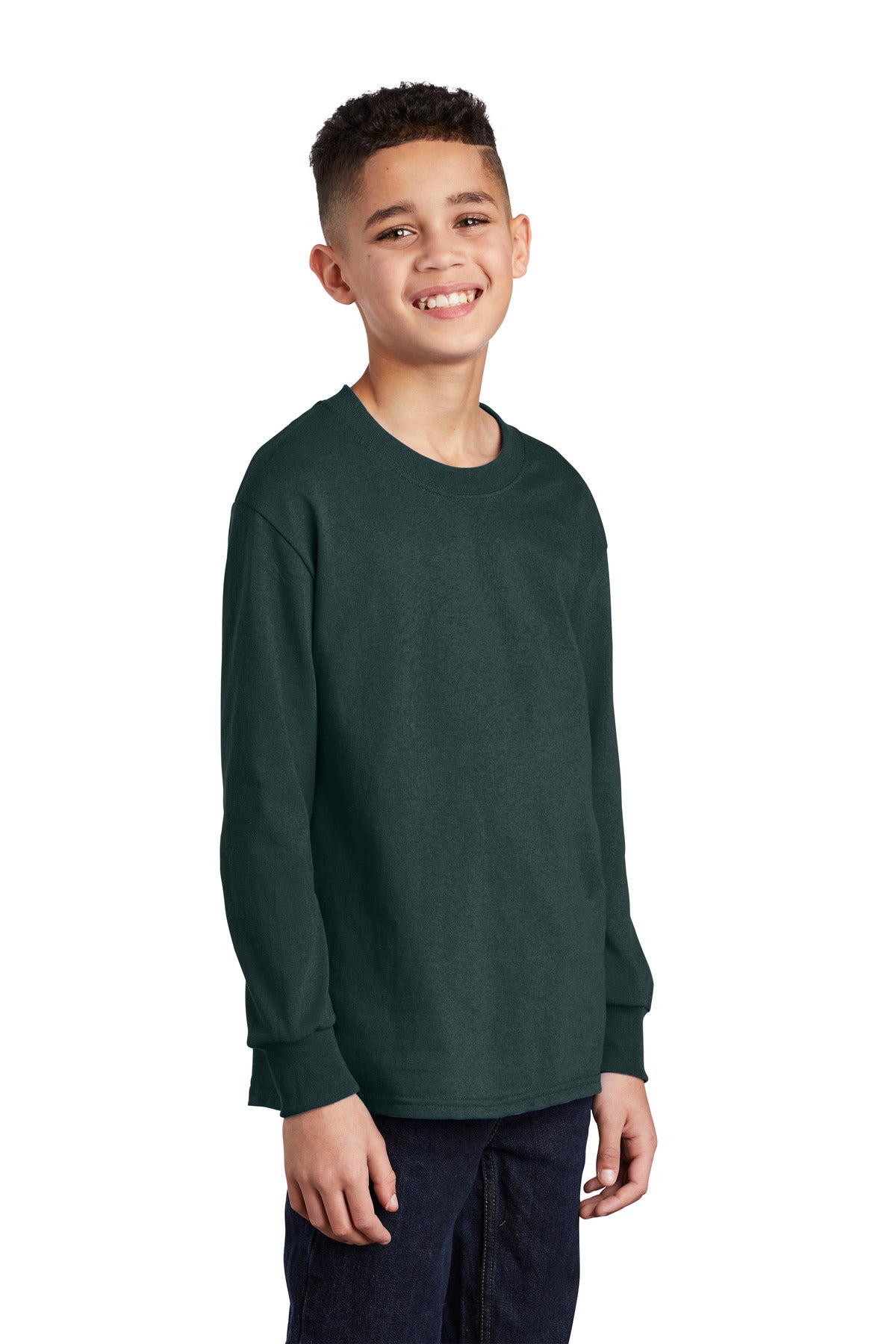 Front View of Dark Green Port & Co Youth Long Sleeve Core Cotton Tee. PC54YLS plain