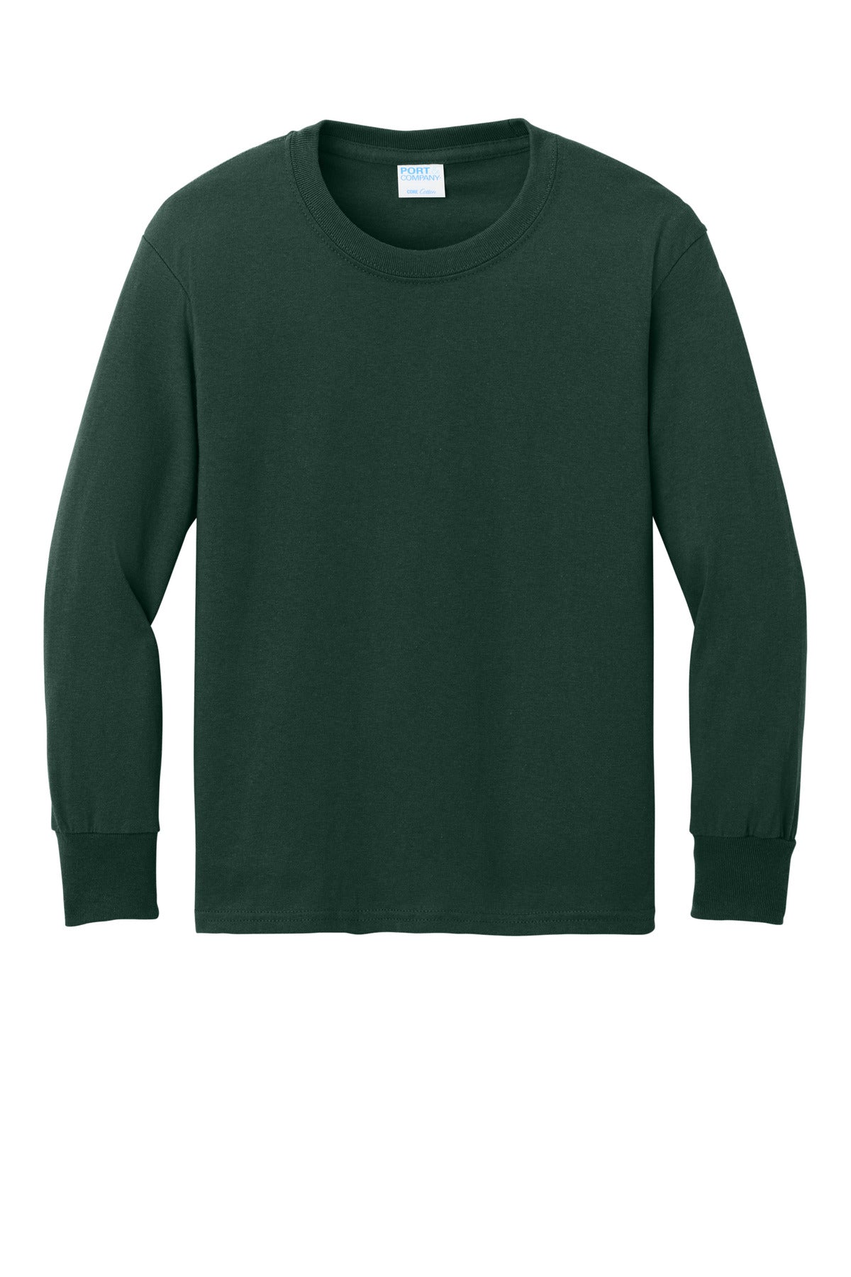 Front View of Dark Green Port & Co Youth Long Sleeve Core Cotton Tee. PC54YLS plain
