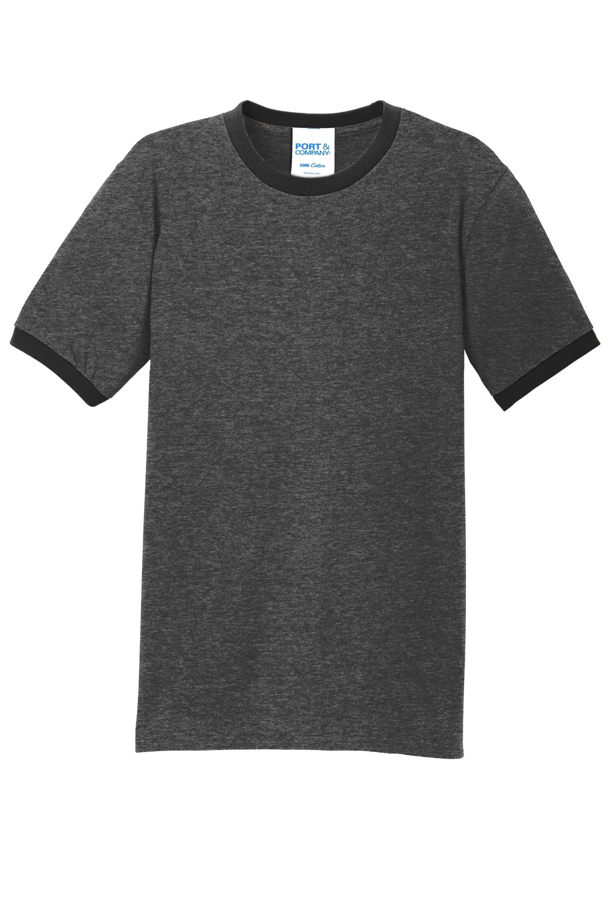 Front View of Dark H Gy/J Bk Port & Co Core Cotton Ringer Tee. PC54R plain