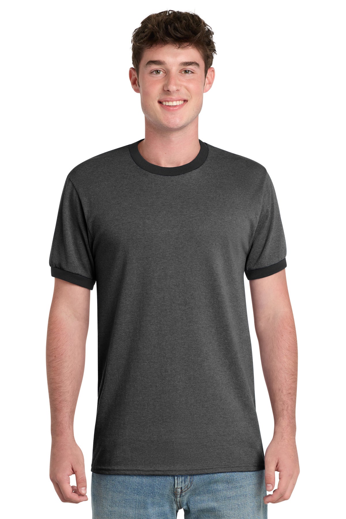 Front View of Dark H Gy/J Bk Port & Co Core Cotton Ringer Tee. PC54R plain