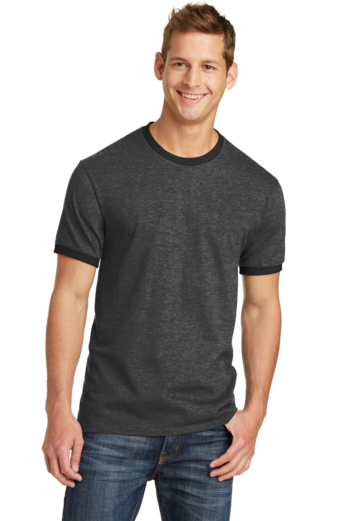Front View of Dark H Gy/J Bk Port & Co Core Cotton Ringer Tee. PC54R plain