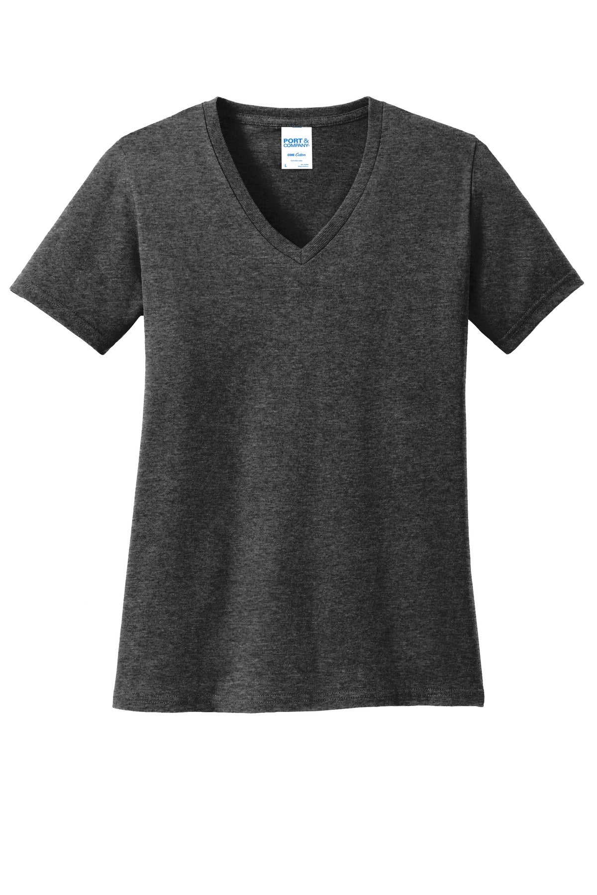 Front View of Dark Hthr Grey Port & Co Women's Core Cotton V-Neck Tee. LPC54V plain