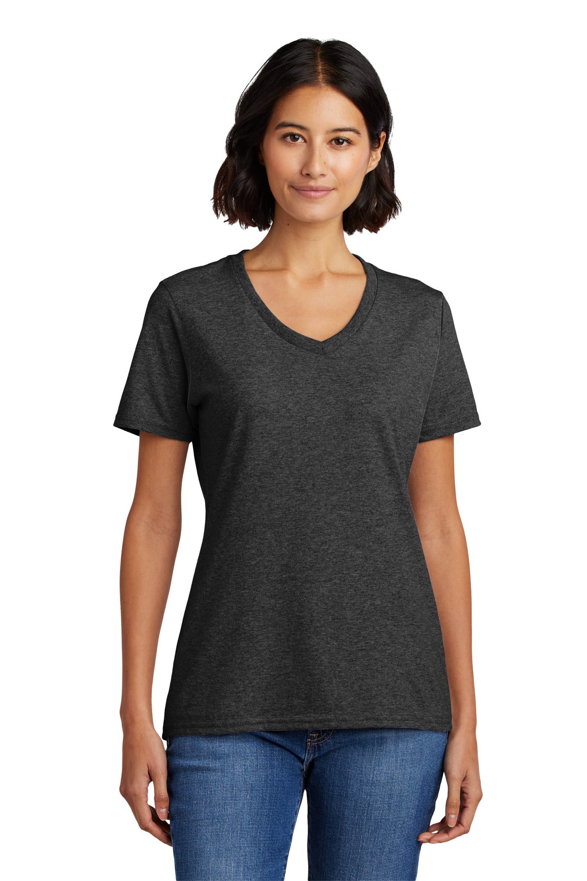 Front View of Dark Hthr Grey Port & Co Women's Core Cotton V-Neck Tee. LPC54V plain