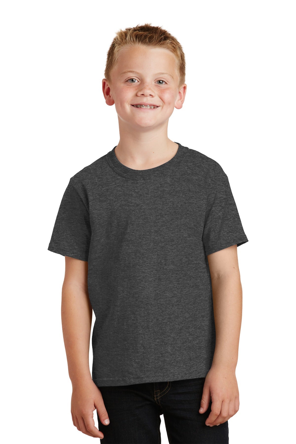 Front View of Dark Hthr Grey Port & Co Youth Core Cotton Tee. PC54Y plain