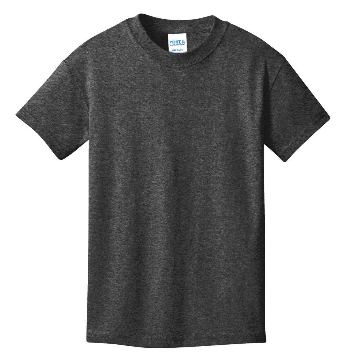 Front View of Dark Hthr Grey Port & Co Youth Core Cotton Tee. PC54Y plain
