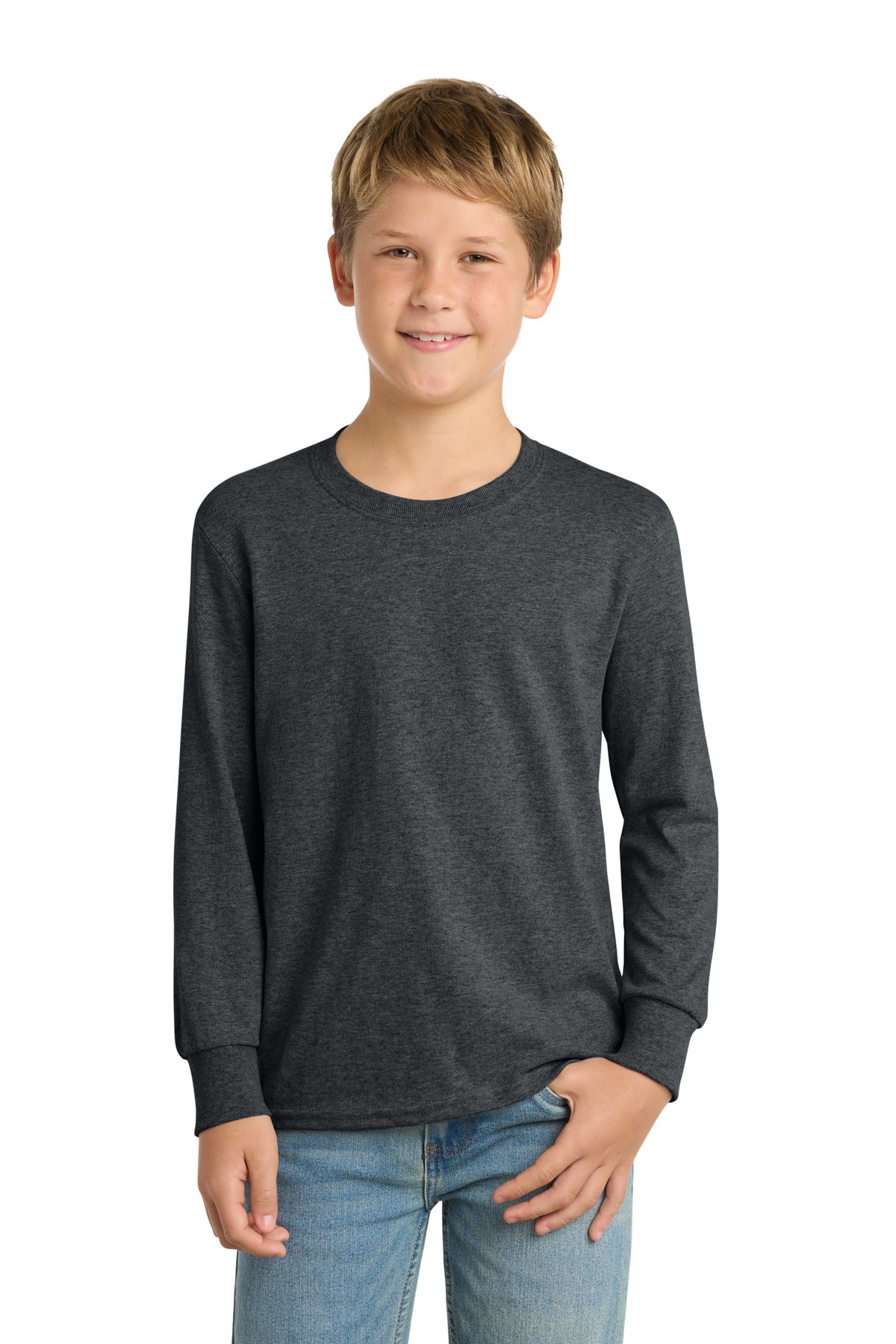 Front View of Dark Hthr Grey Port & Co Youth Long Sleeve Core Cotton Tee. PC54YLS plain