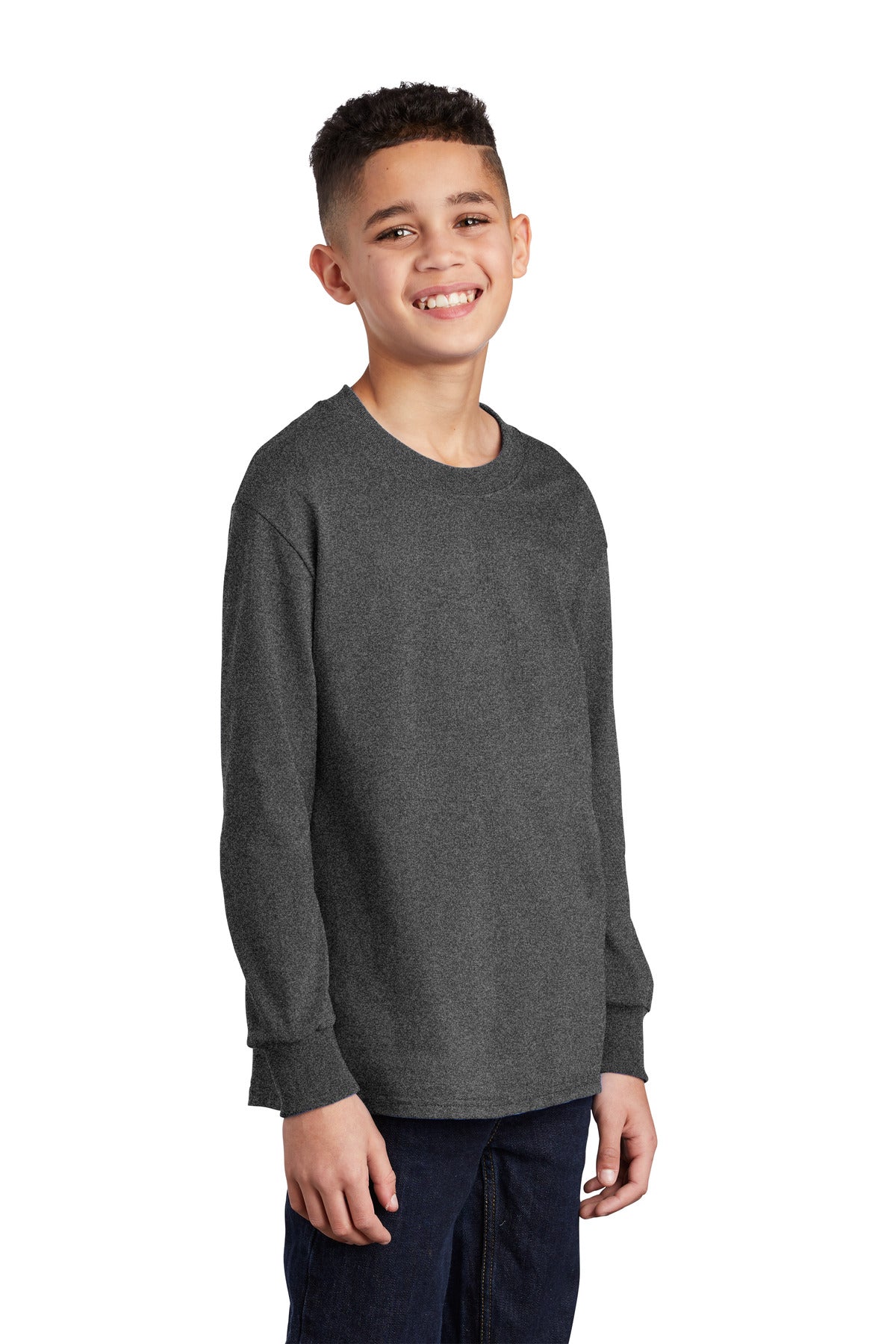 Front View of Dark Hthr Grey Port & Co Youth Long Sleeve Core Cotton Tee. PC54YLS plain