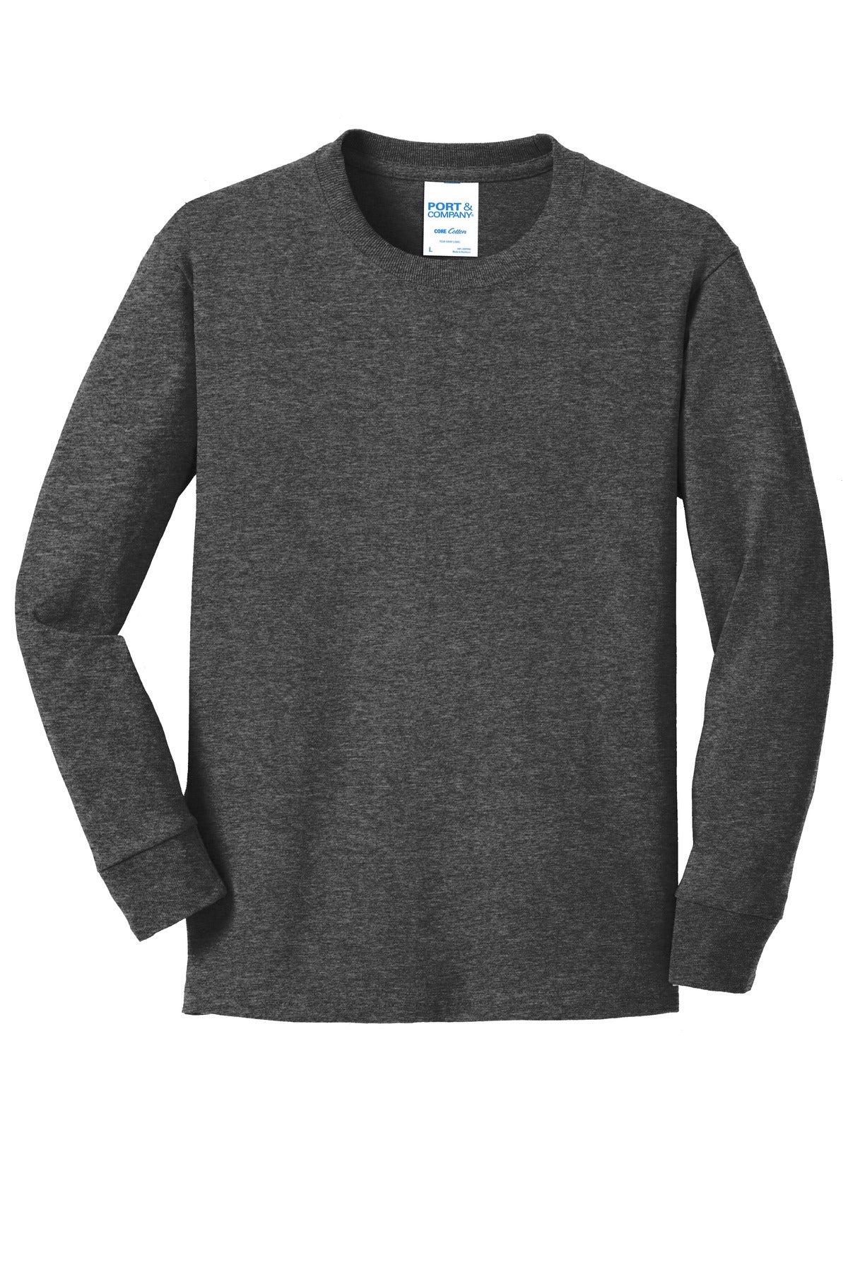 Front View of Dark Hthr Grey Port & Co Youth Long Sleeve Core Cotton Tee. PC54YLS plain